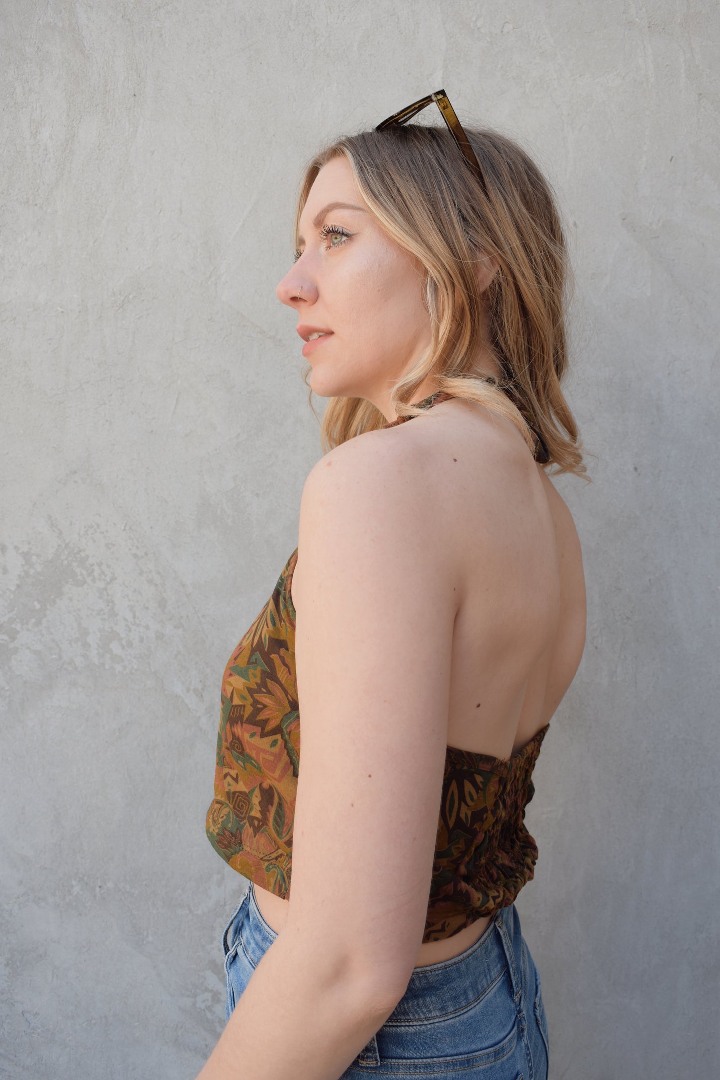 retro paisley halter tie tank top cropped with stretch rushing panel on back