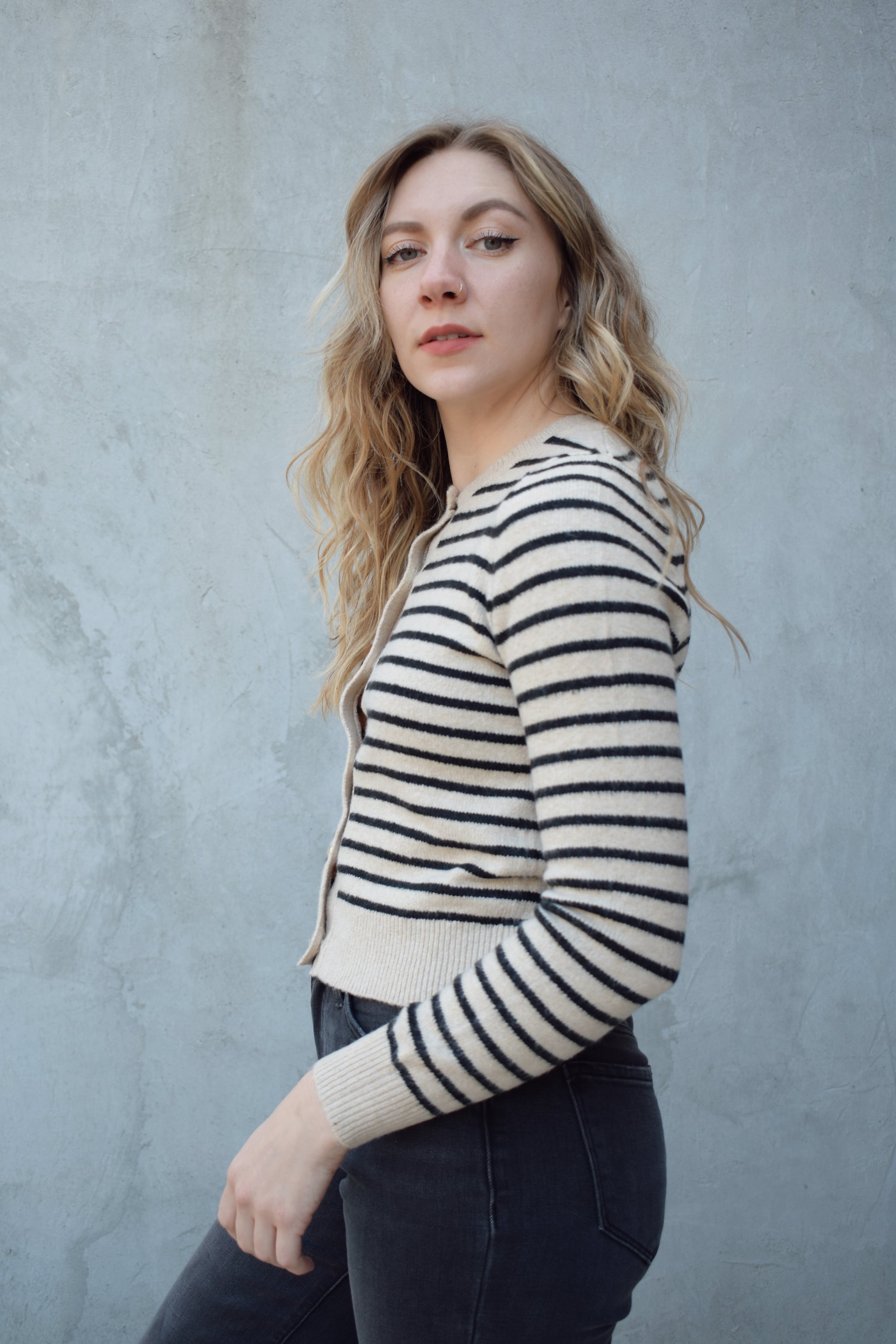 horizontally striped cardigan sweater with gold buttons fitted crew neck