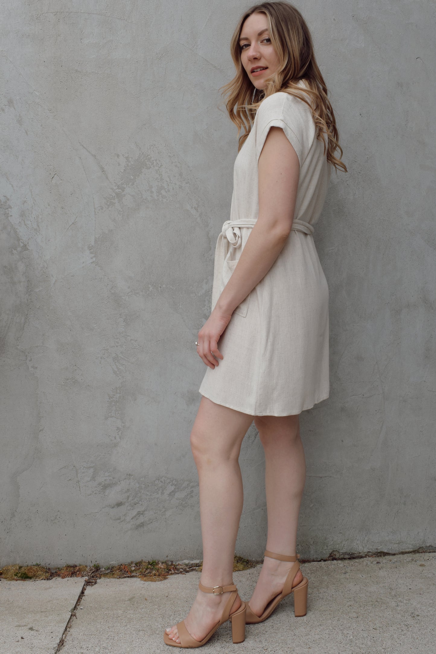 linen button down mini dress with front slouchy patch pockets waist tie cap sleeves lightweight