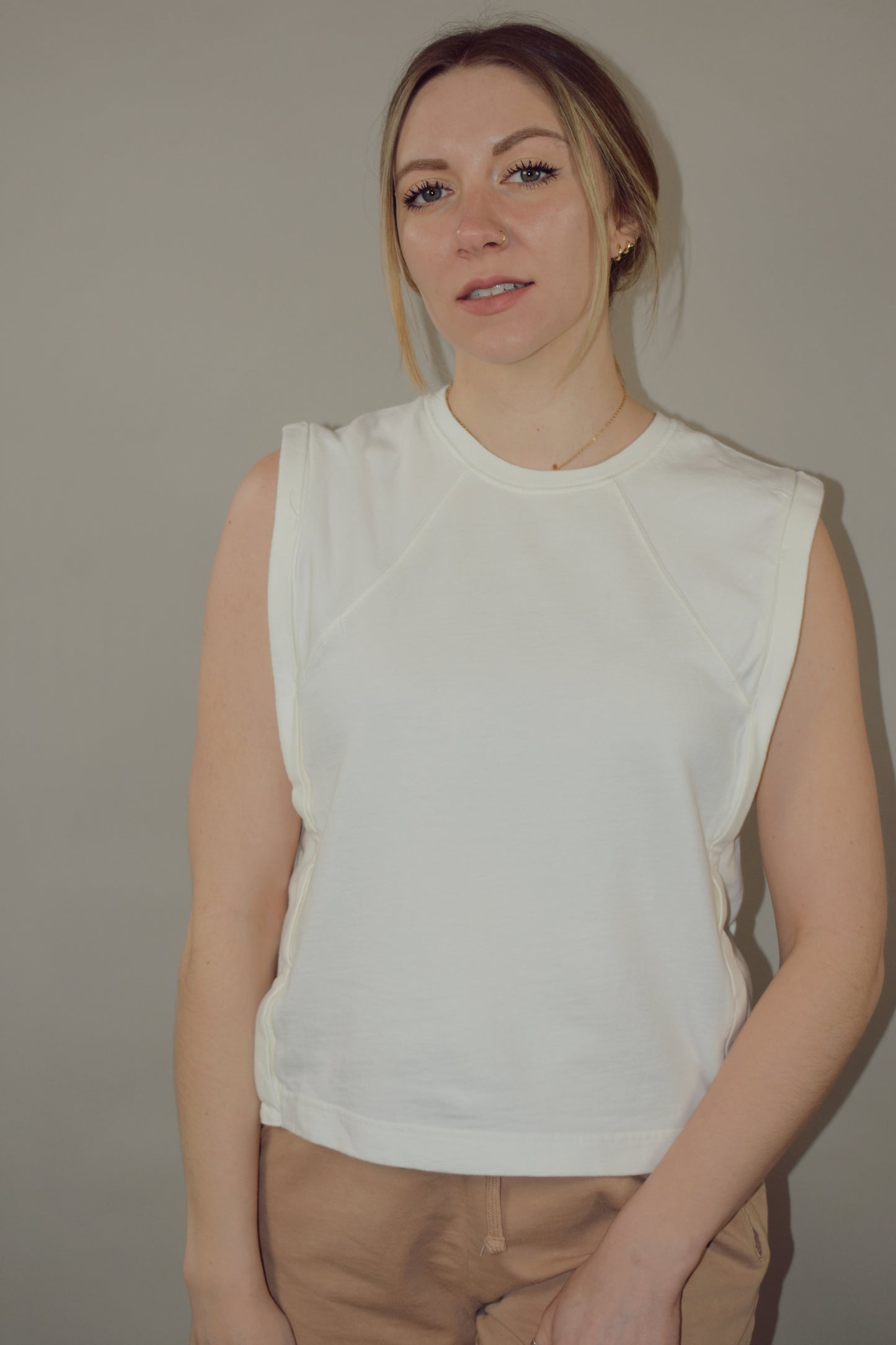 boxy seamed tank with side panel detail cotton fabric crewneck full length straight fit