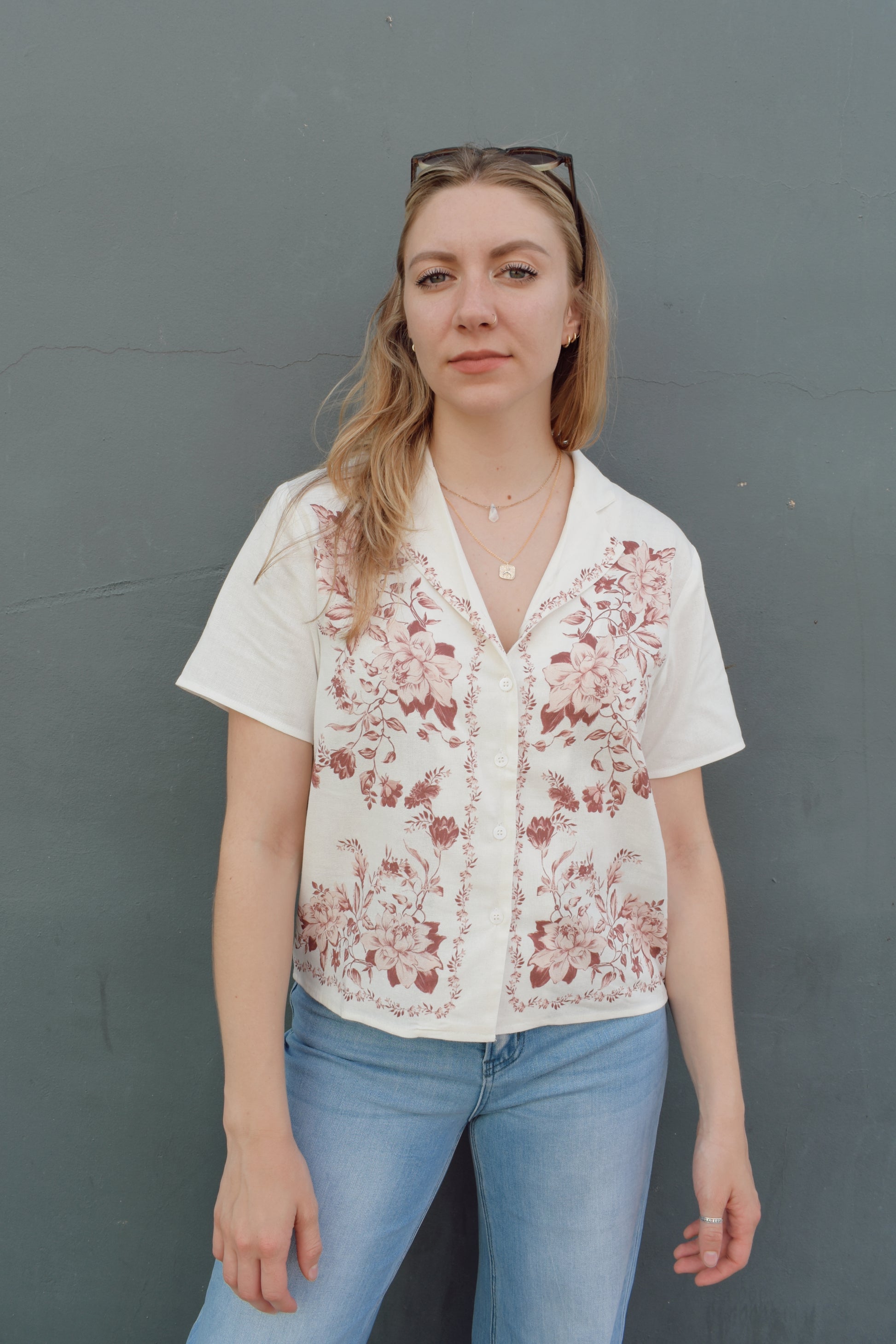 short sleeve off white button down with light maroon printed vintage rose design on front bodice, v neck, relaxed fit