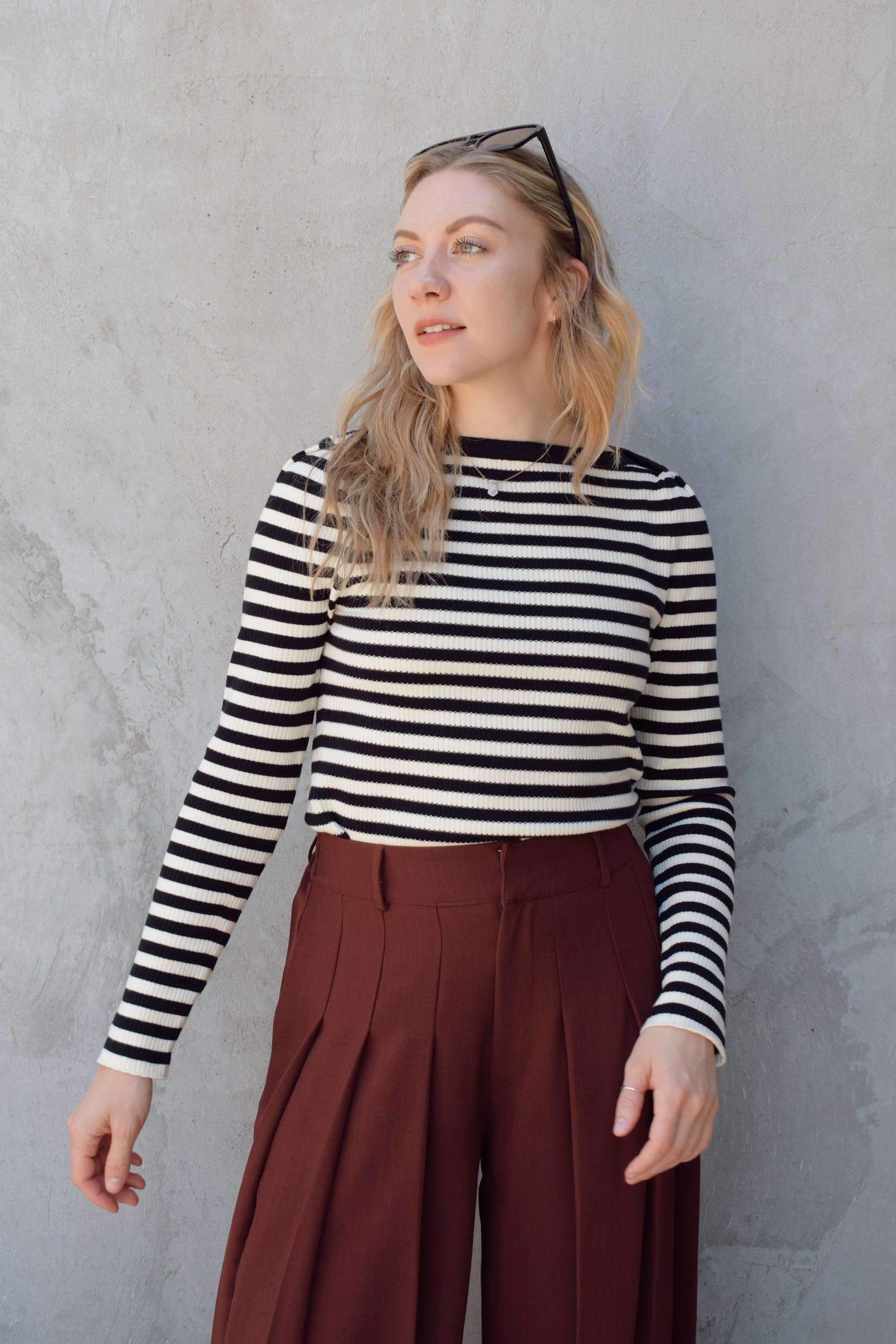 black and white horizontal striped long sleeve sweater with boat neckline and gathered puff shoulders (very slight), fitted, full length, solid black around neckline