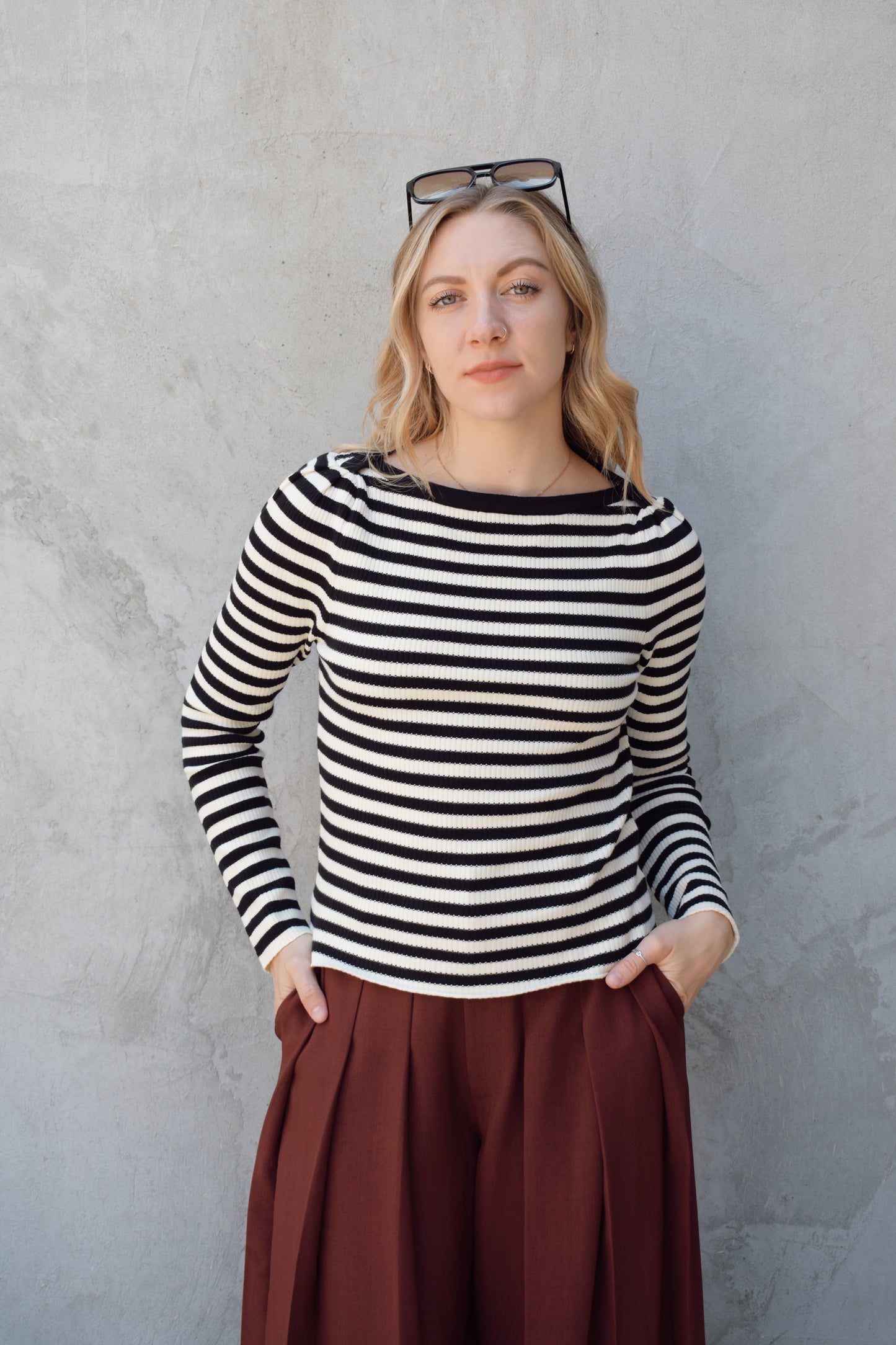 black and white horizontal striped long sleeve sweater with boat neckline and gathered puff shoulders (very slight), fitted, full length, solid black around neckline
