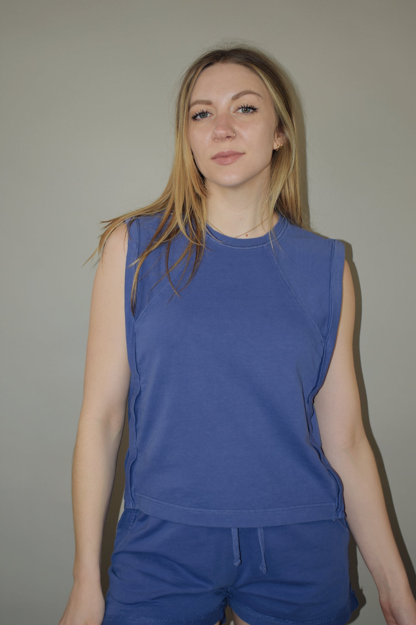 boxy seamed tank with side panel detail cotton fabric crewneck full length straight fit