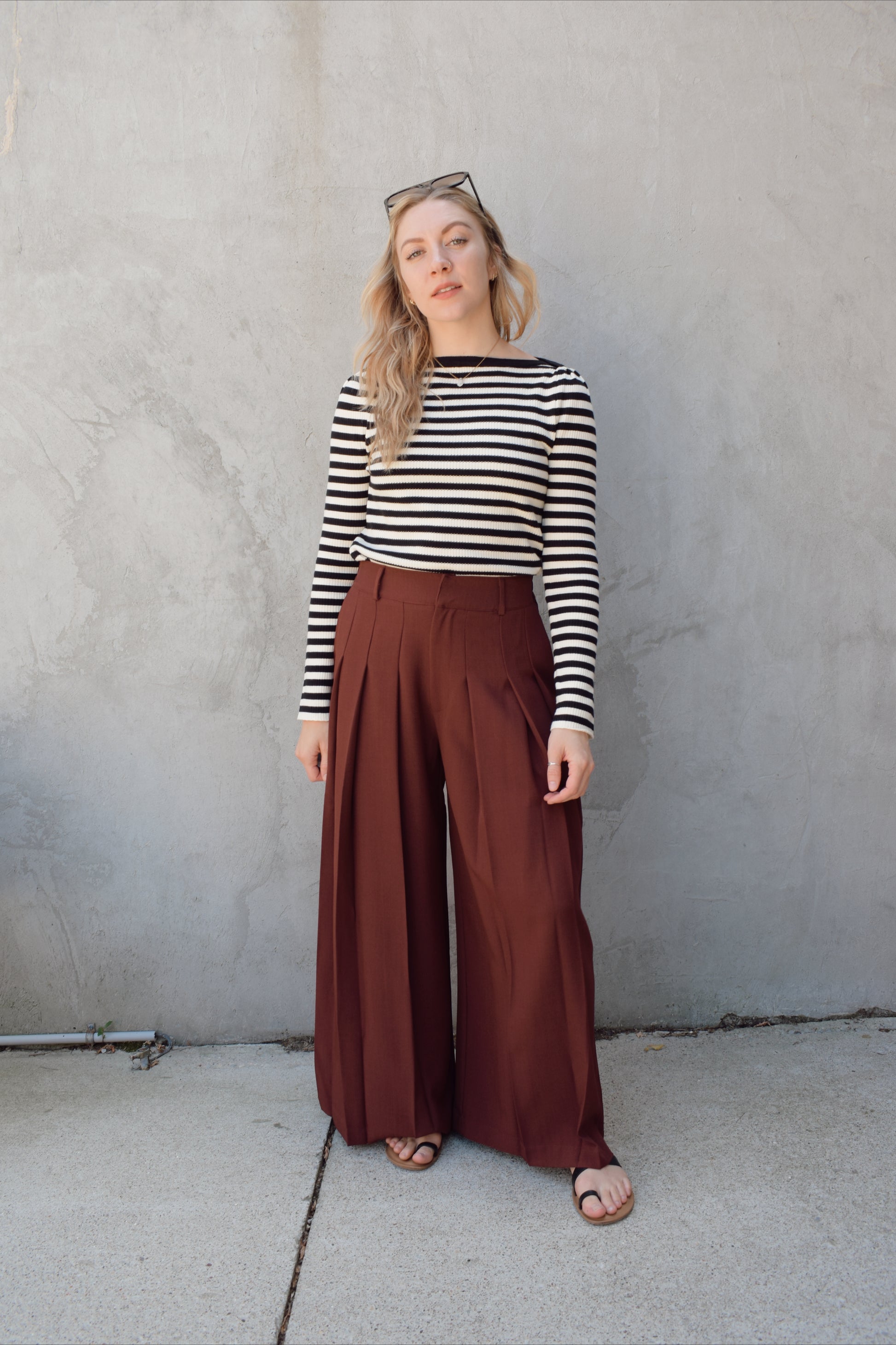 black and white horizontal striped long sleeve sweater with boat neckline and gathered puff shoulders (very slight), fitted, full length, solid black around neckline