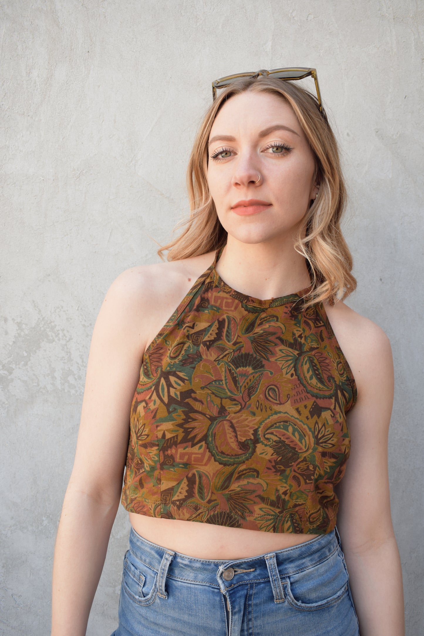 retro paisley halter tie tank top cropped with stretch rushing panel on back