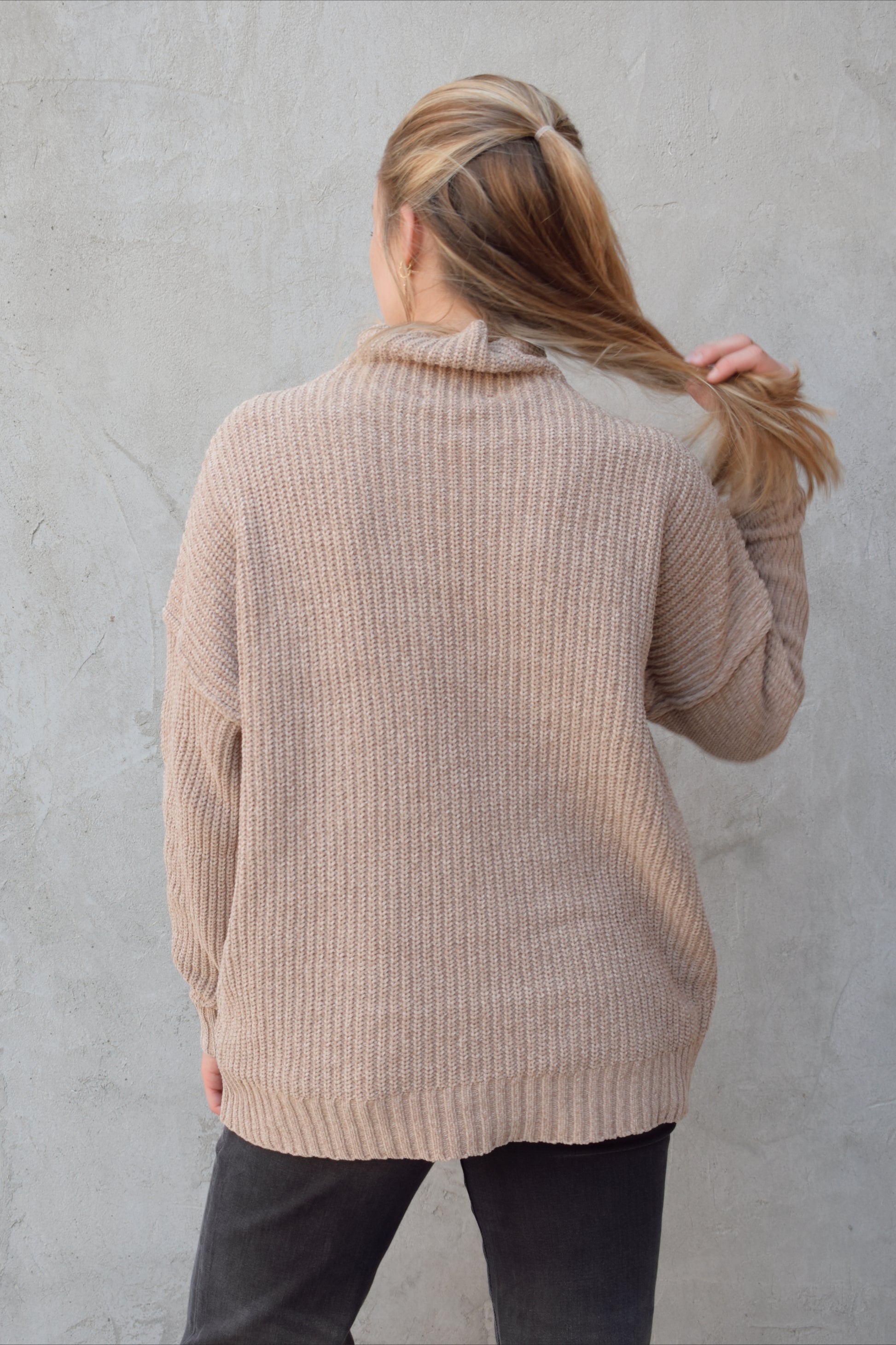 chunky knit sweater oversized drop shoulder loose turtle neck super soft ribbed hem and cuffs