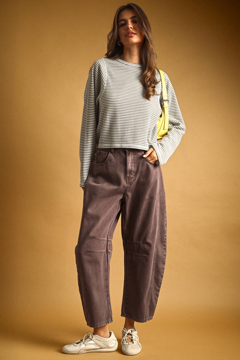 MIOU MUSE - ET6930   STRIPED WAFFLE FABRIC LONG SLEEVE TOP