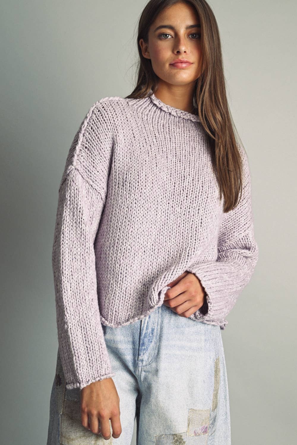 MIOU MUSE - T6753   ROLL HEMMING LONG SLEEVE SWEATER TOP