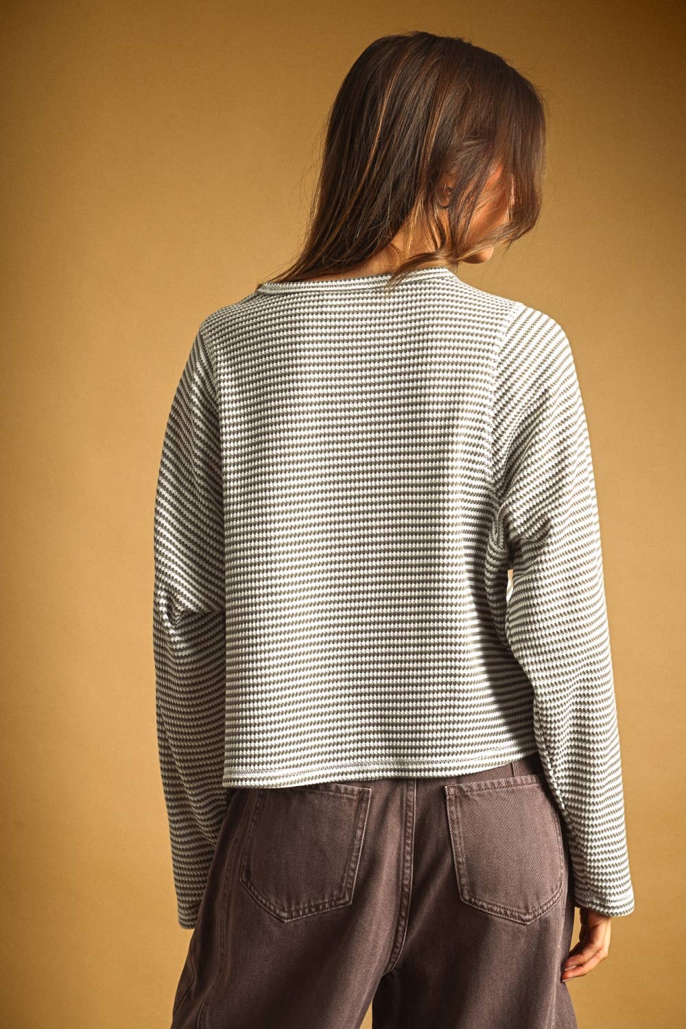MIOU MUSE - ET6930   STRIPED WAFFLE FABRIC LONG SLEEVE TOP