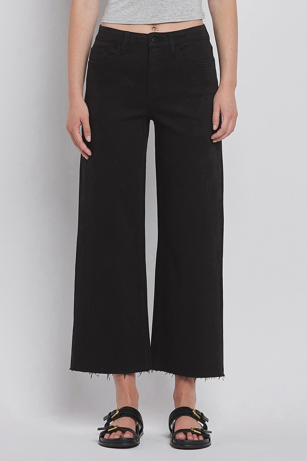 wide leg cropped black high rise stretch jeans no holes or distressing raw hem