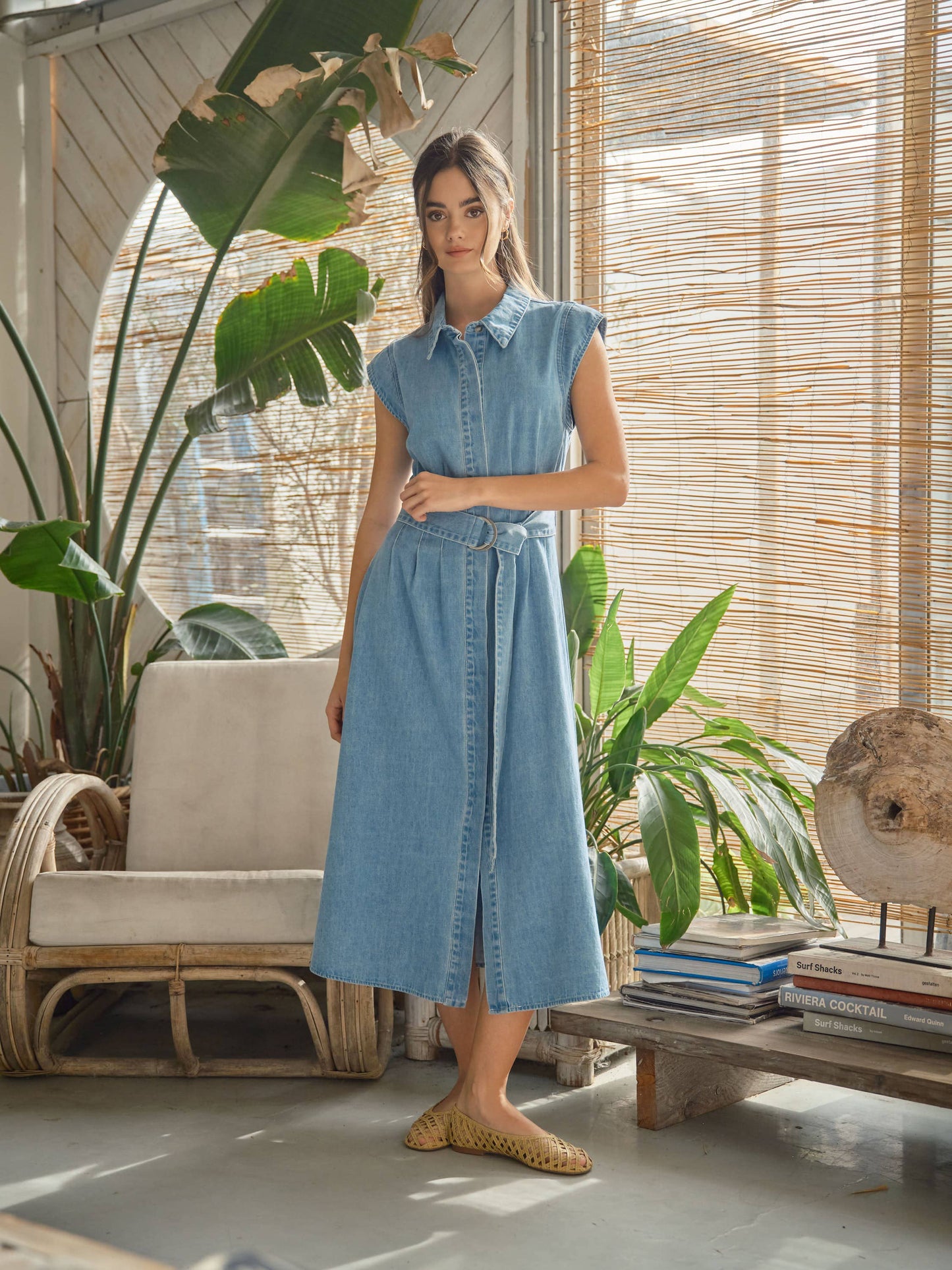 Aaron & Amber - AJD5696 CAP SLEEVE BELTED BUTTON DOWN MIDI DRESS
