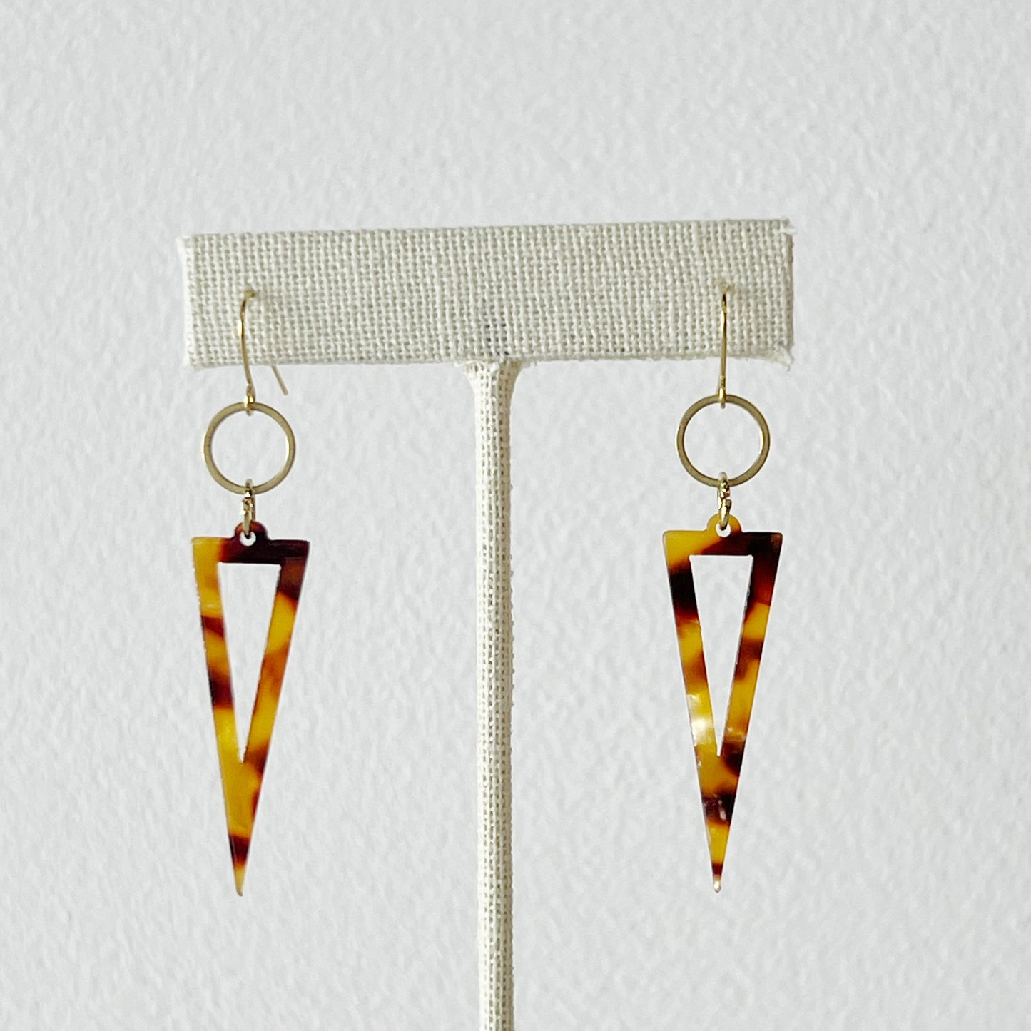 tortoise acetate triangle raw brass circle lightweight statement earrings