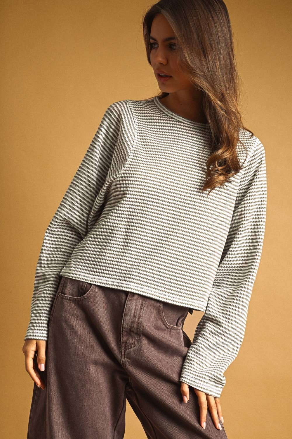 MIOU MUSE - ET6930   STRIPED WAFFLE FABRIC LONG SLEEVE TOP