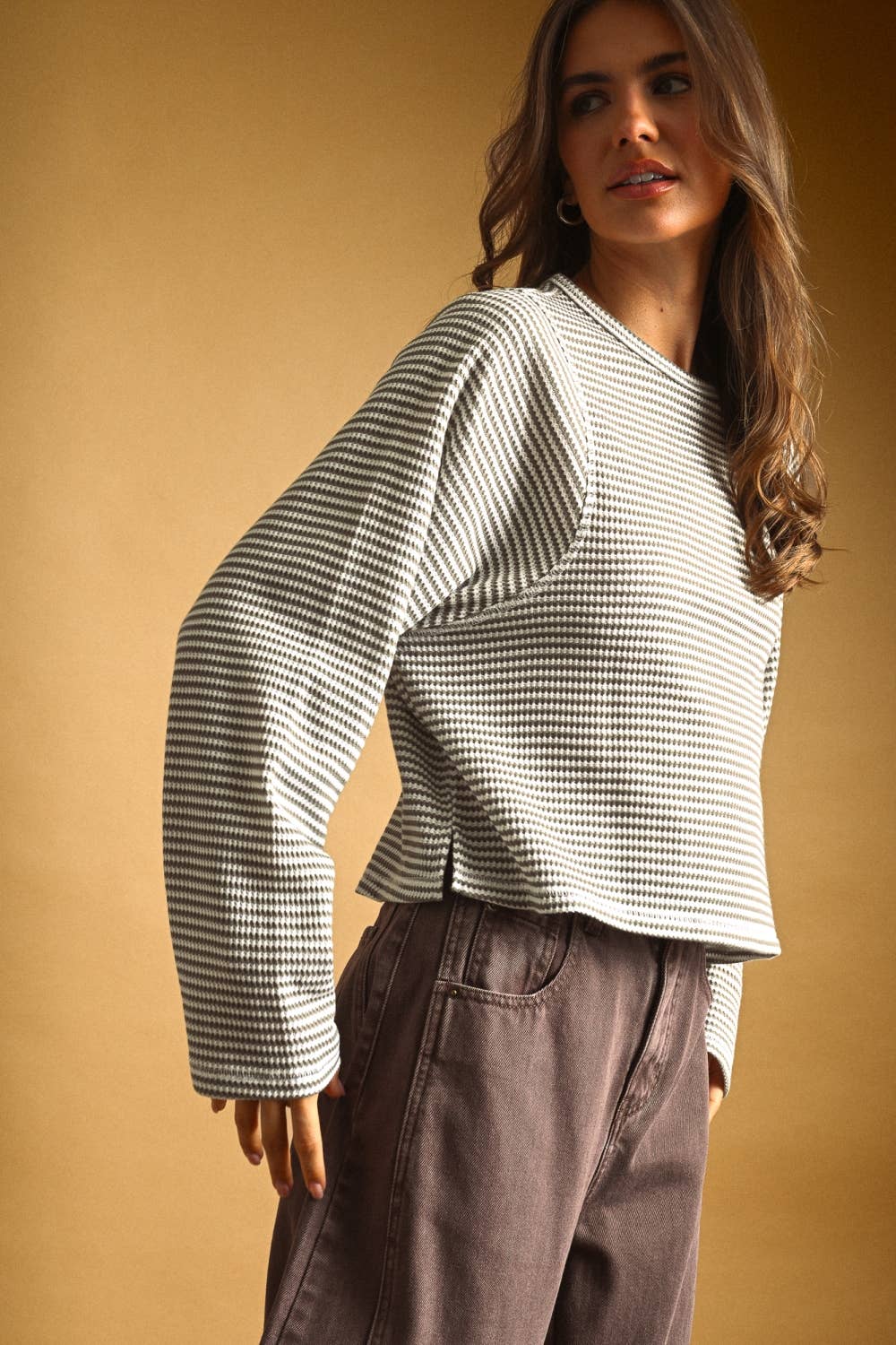 MIOU MUSE - ET6930   STRIPED WAFFLE FABRIC LONG SLEEVE TOP