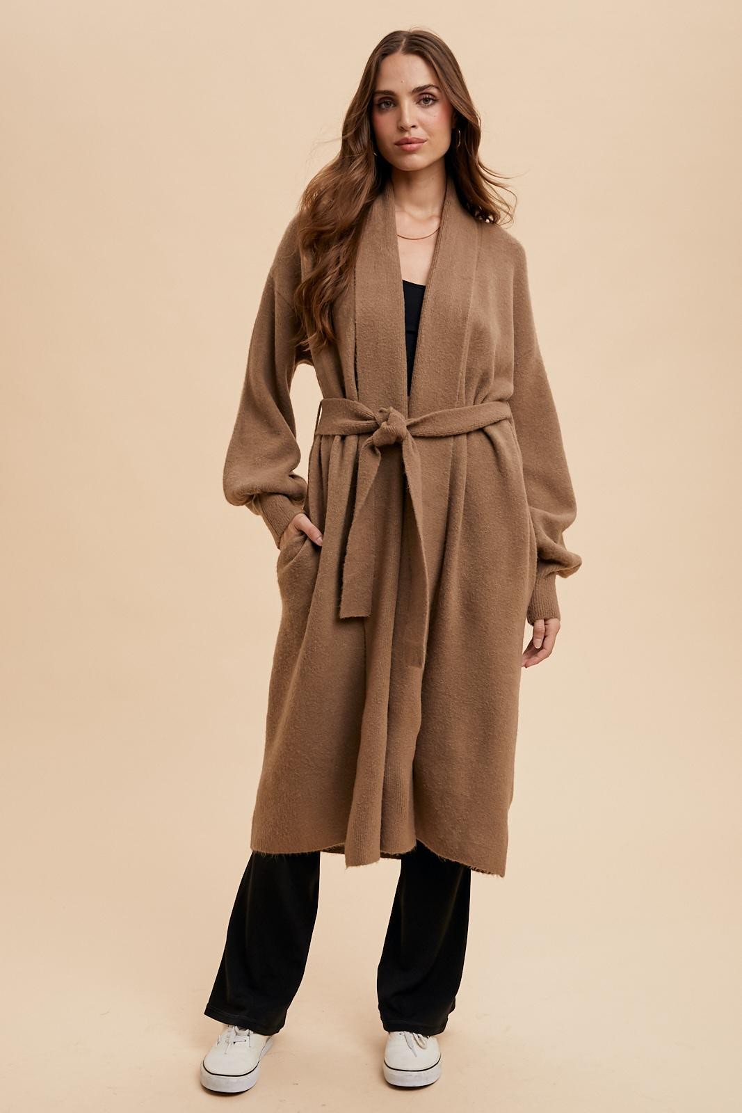 heavyweight cozy belted cardigan with fitted cuffs and pockets folds at collar hits at mid calf