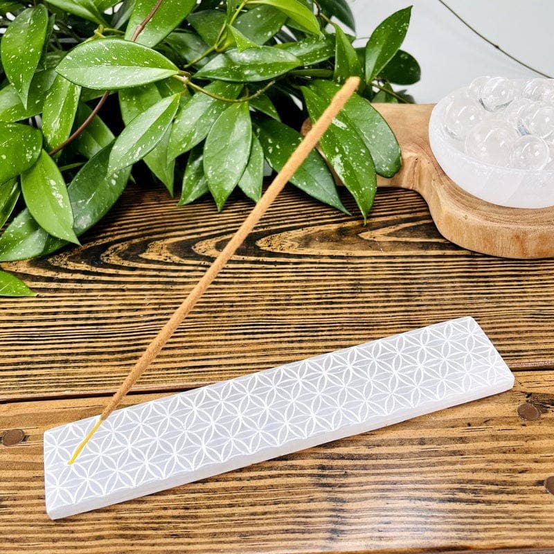 Selenite Incense Burner with Engraved Flower of Life