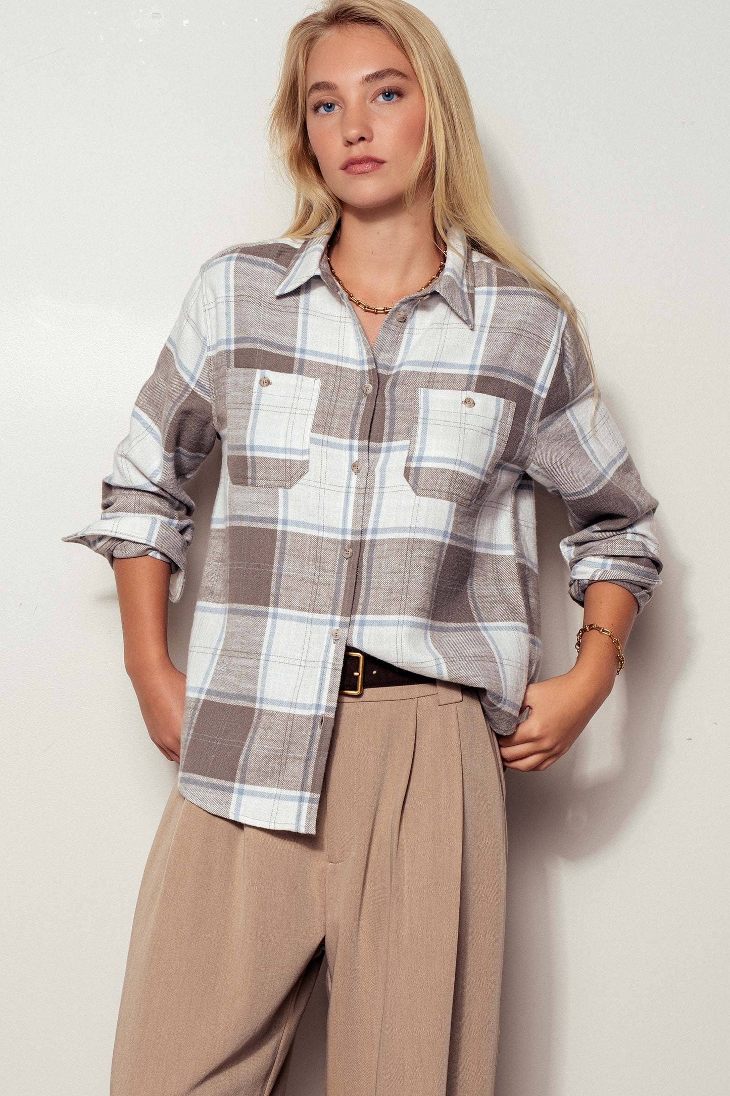 Urban Daizy - Western Plaid Button-Up Relaxed Fit Shirt