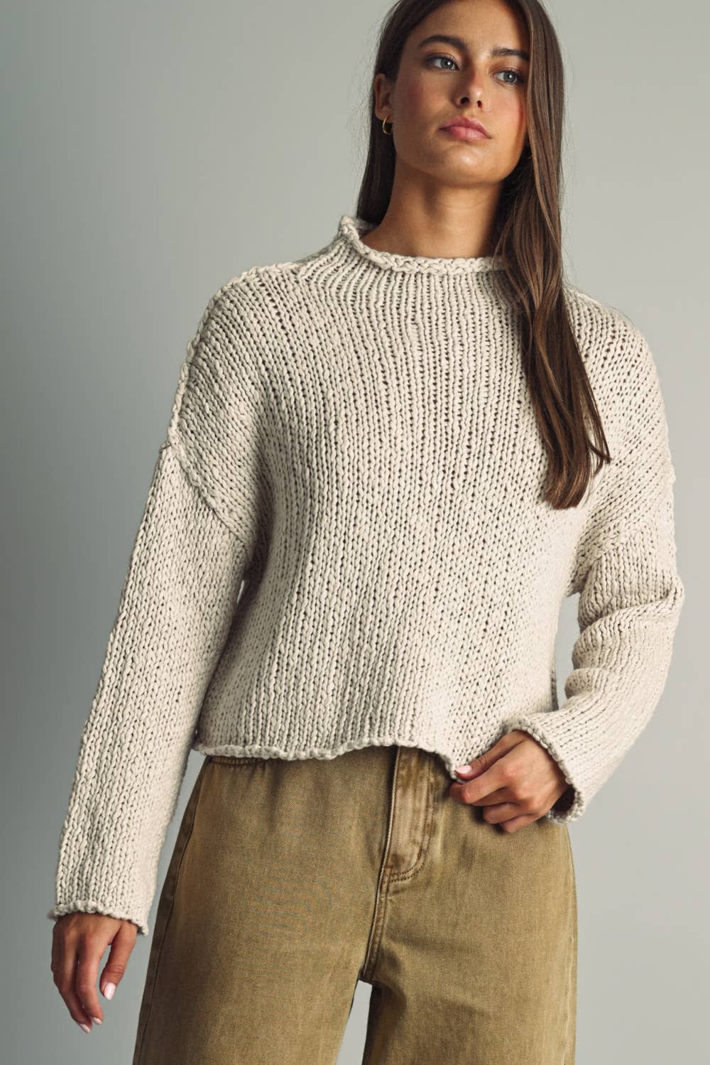 MIOU MUSE - T6753   ROLL HEMMING LONG SLEEVE SWEATER TOP
