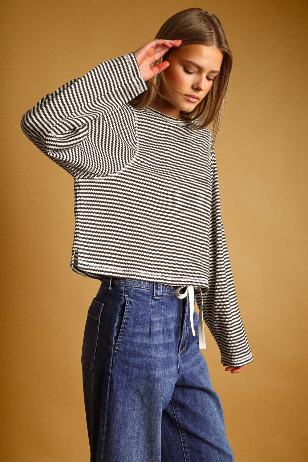 MIOU MUSE - ET6930   STRIPED WAFFLE FABRIC LONG SLEEVE TOP