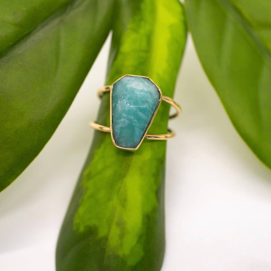 Baizaar nickel free brass faceted amazonite boho statement ring