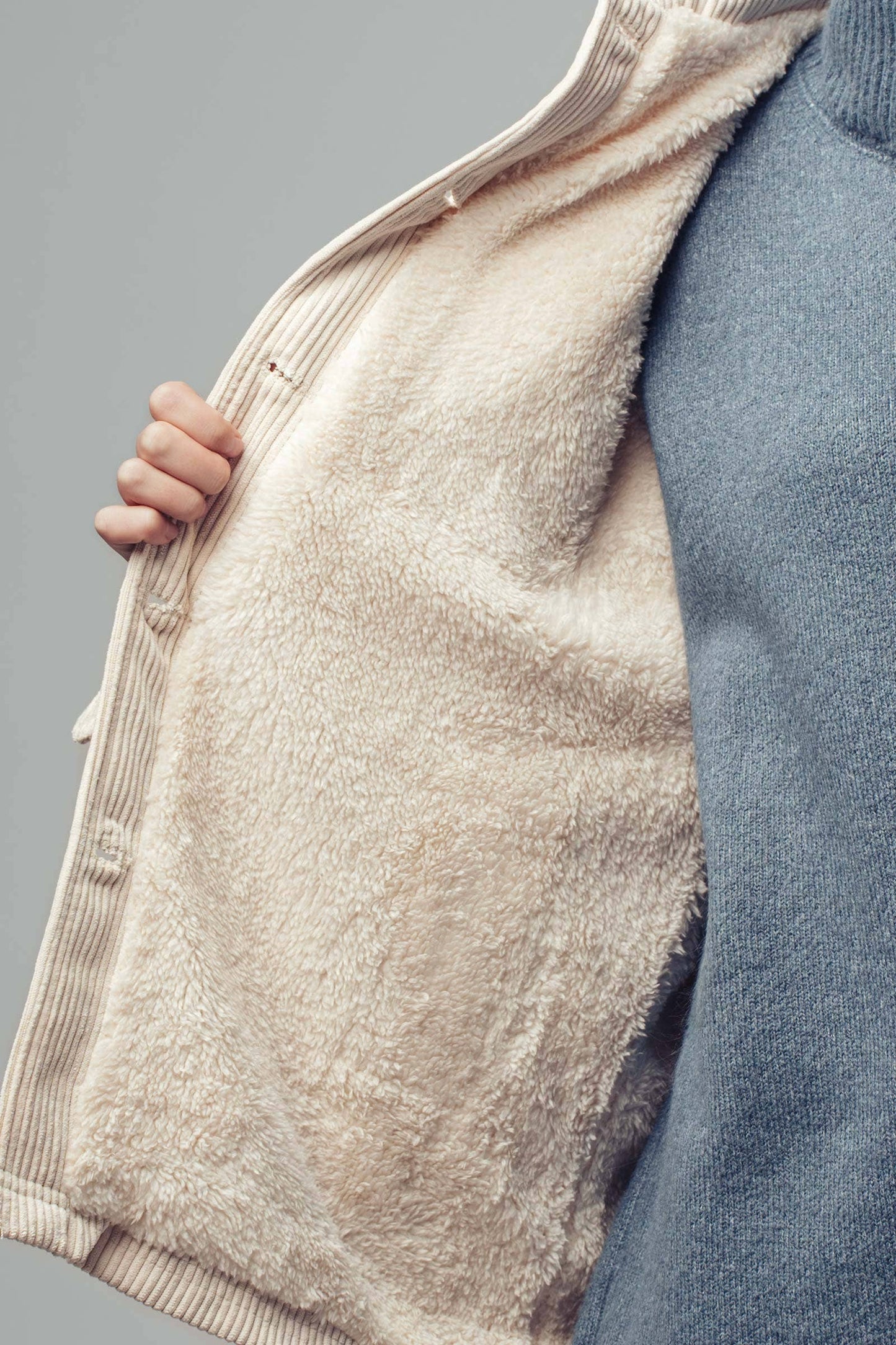 corduroy button down shacket, fur lined, has side pockets, patch breast pockets with fold and button enclosure, full length