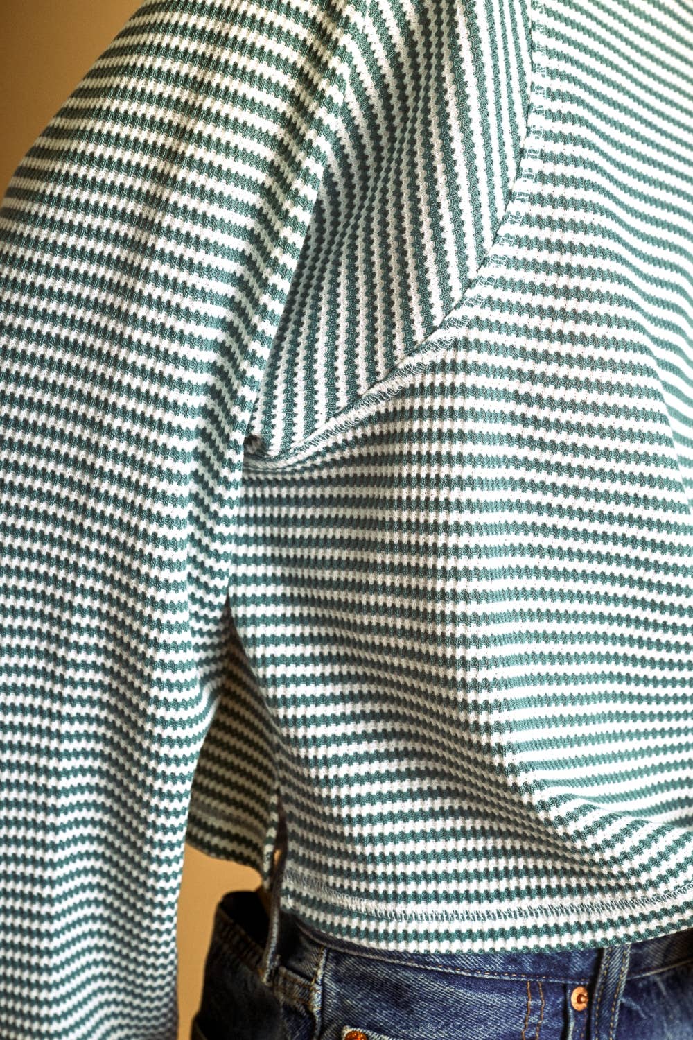 MIOU MUSE - ET6930   STRIPED WAFFLE FABRIC LONG SLEEVE TOP