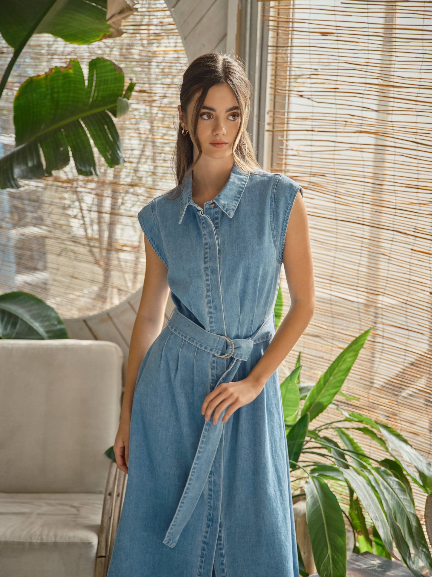 Aaron & Amber - AJD5696 CAP SLEEVE BELTED BUTTON DOWN MIDI DRESS