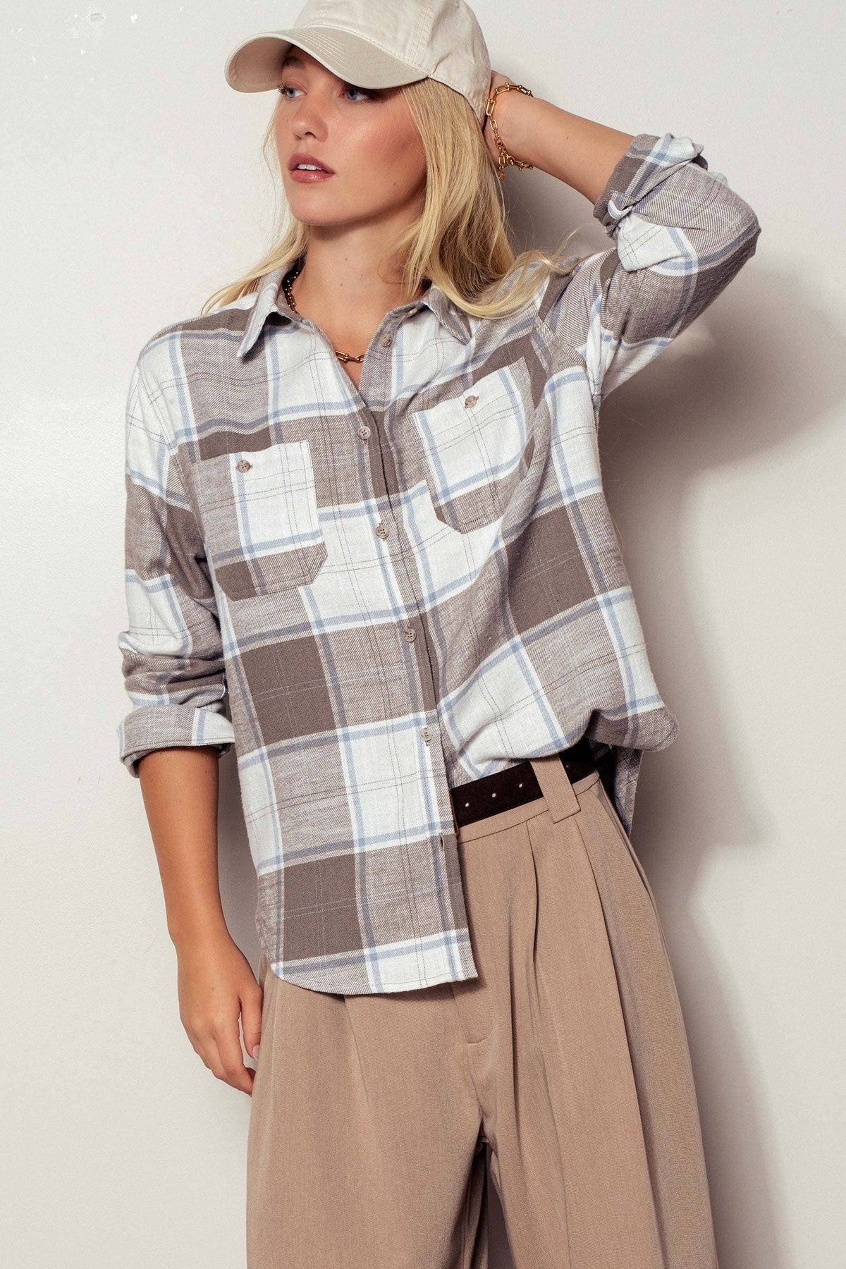 Urban Daizy - Western Plaid Button-Up Relaxed Fit Shirt