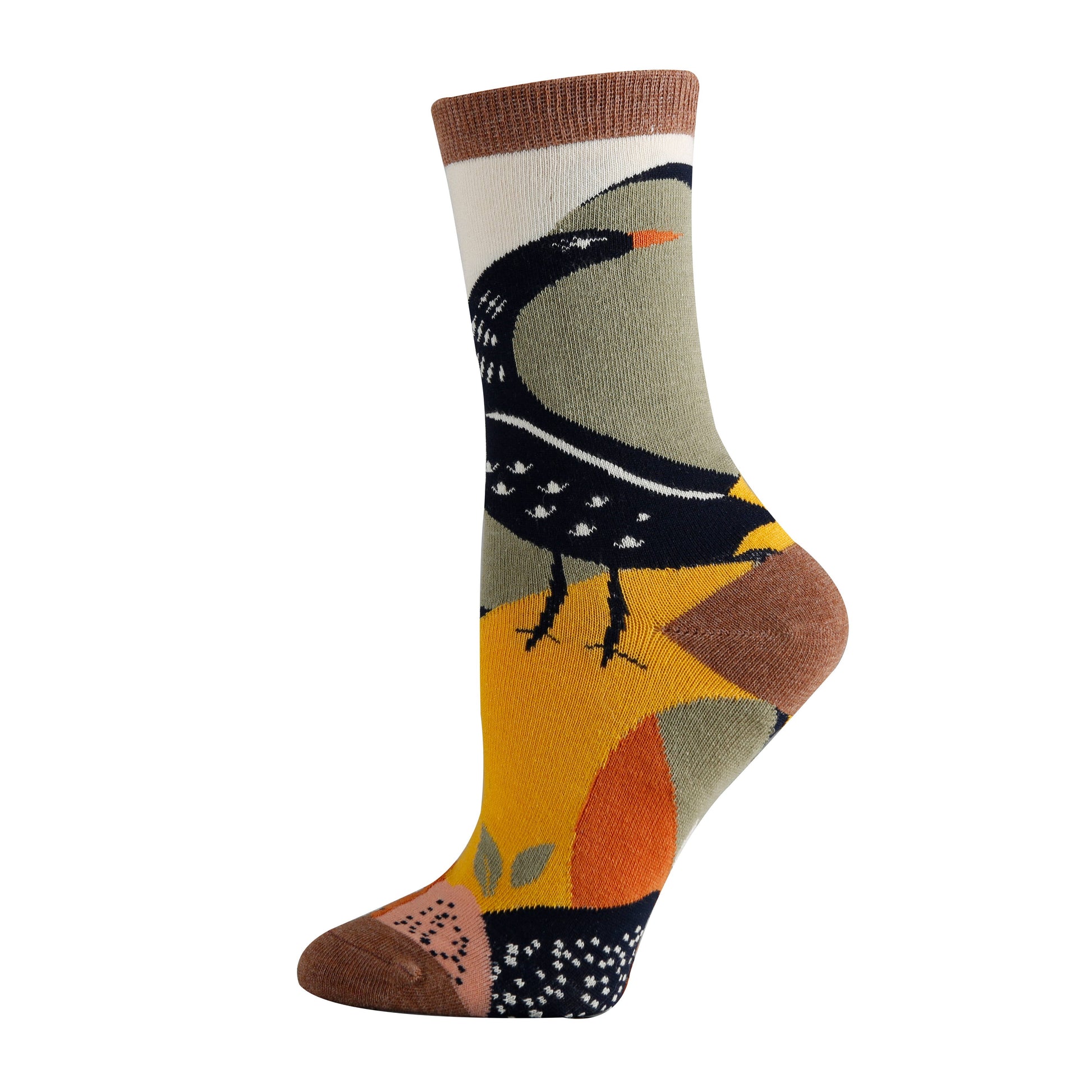 sock it up retro earthy colored bird print Aurora fern women's socks