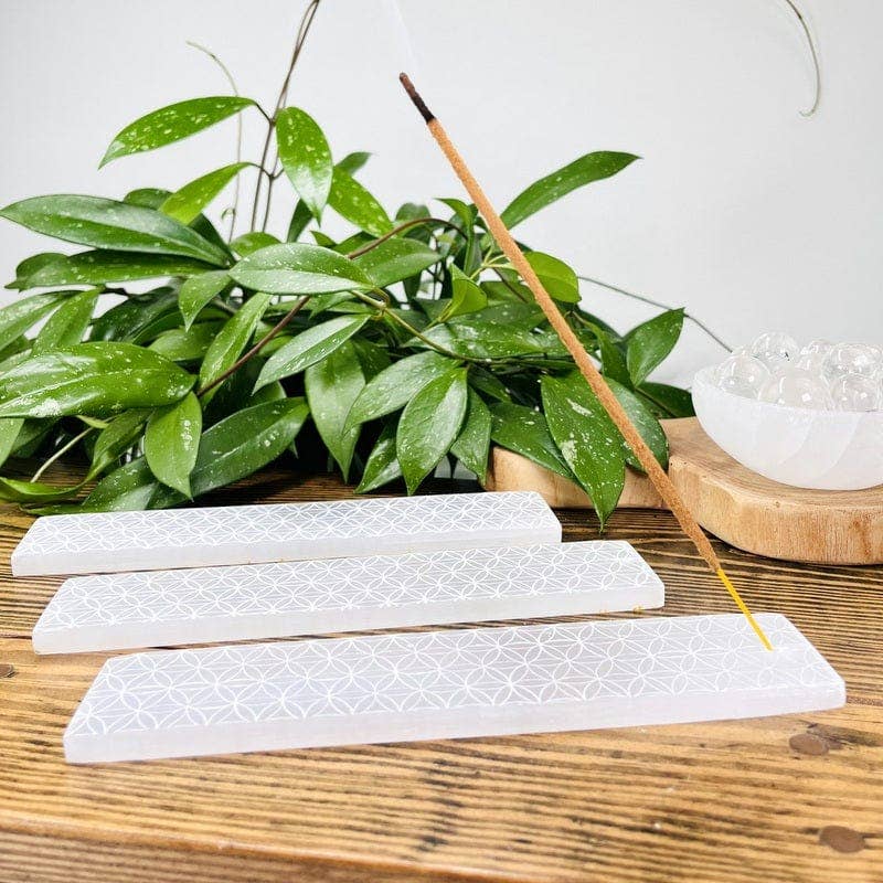 Selenite Incense Burner with Engraved Flower of Life