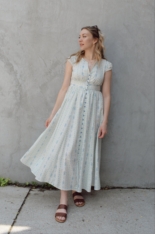 elastic cap sleeve midi dress with ditsy floral pattern and blue buttons down the front until hitting a slit in front hem, fitted waist with smocked band in back, v neck, twirly, has pockets