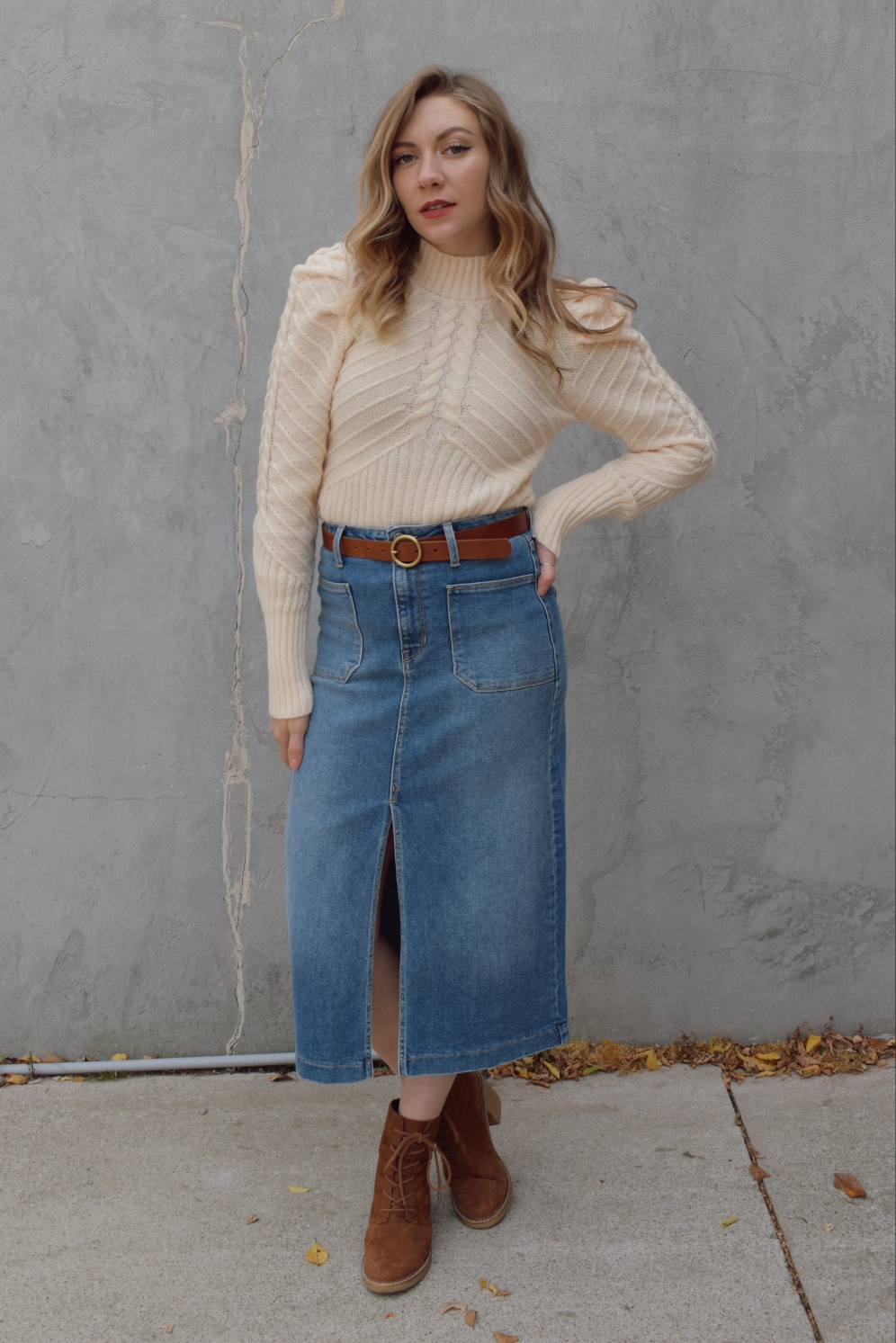 full length mock neck sweater with drama puff sleeves and a braided ribbed texture down the front and back and sides of sleeves in a v pattern, ribbed at bottom of sleeves and hem