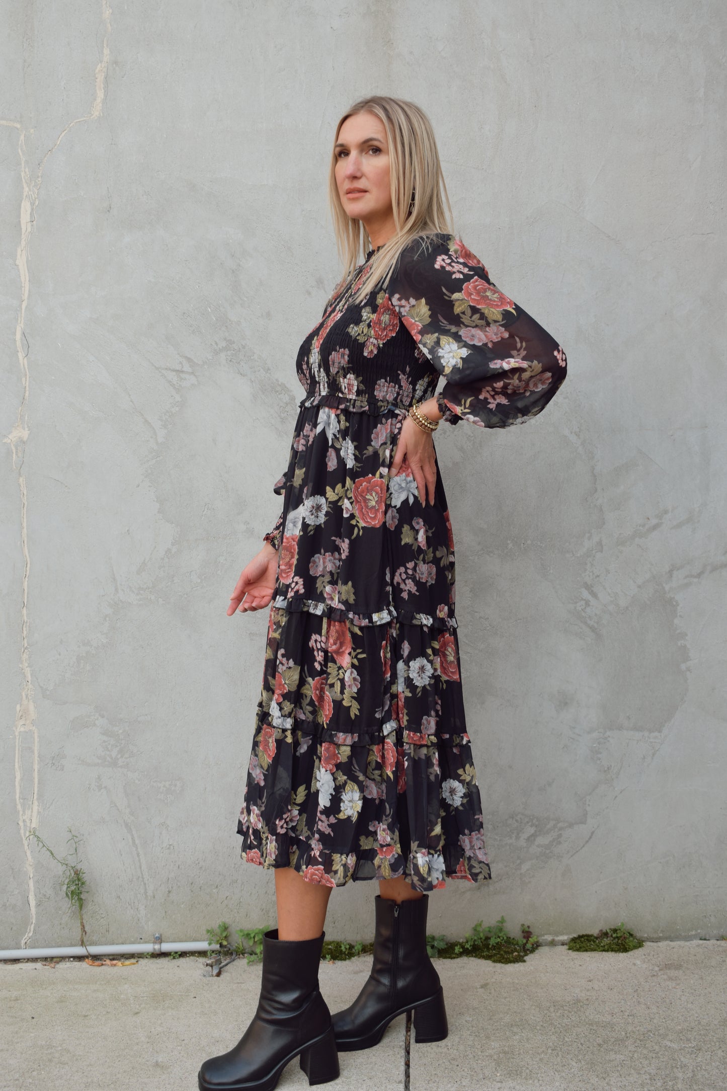 dressy floral midi dress with black background, chiffon material with sheer long sleeves, smocking on bodice and cuffs, high neck, tiered skirt.