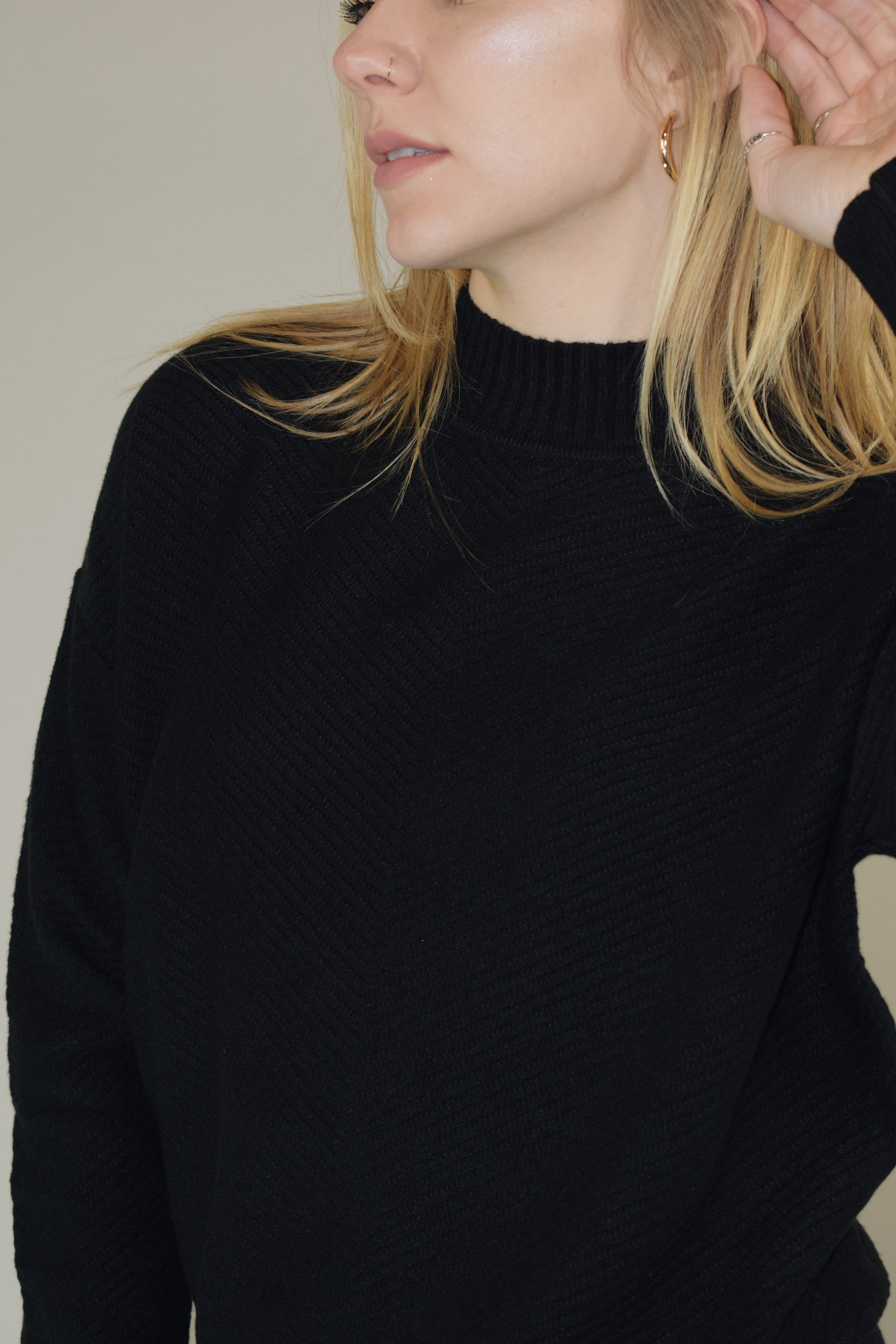 full length relaxed fit mock neck sweater with diagonal texture pattern