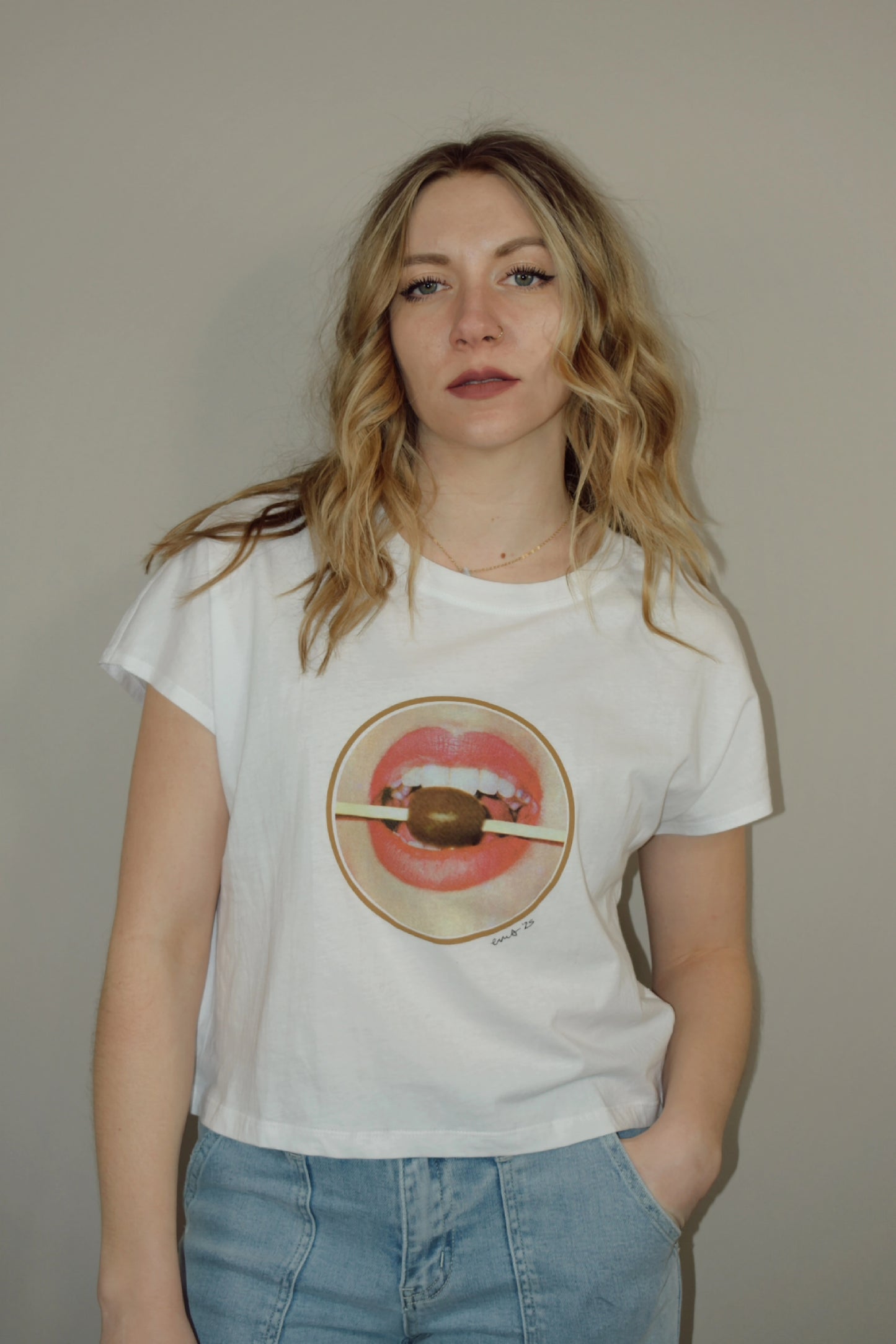 graphic baby and boxy cropped tee with retro vibe lips mouth olive edgy 100% cotton