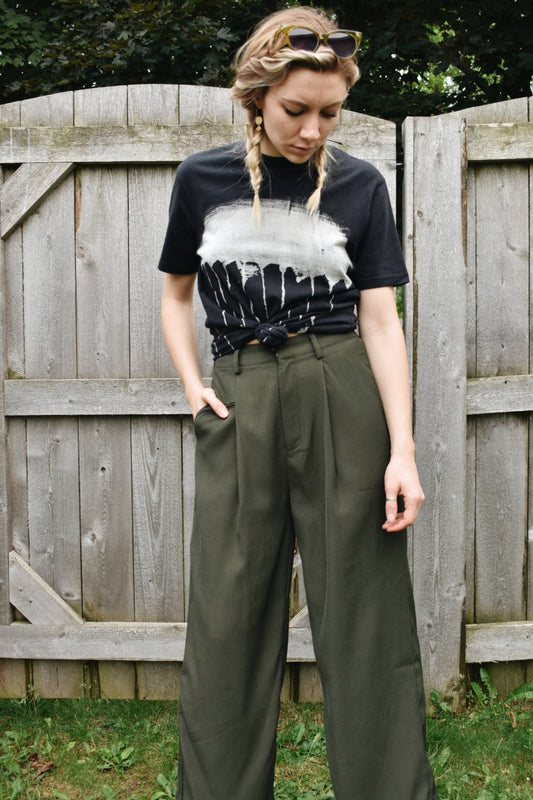 wide leg trousers single front pleat with elastic waistband in back work pants dressy pockets Listicle the revival