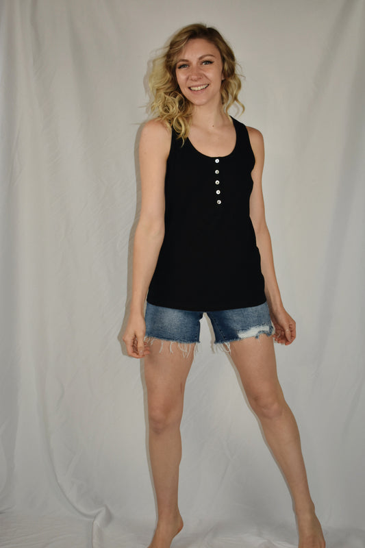 black relaxed fit ribbed scoop neck tank top full length buttons on front mittoshop the revival