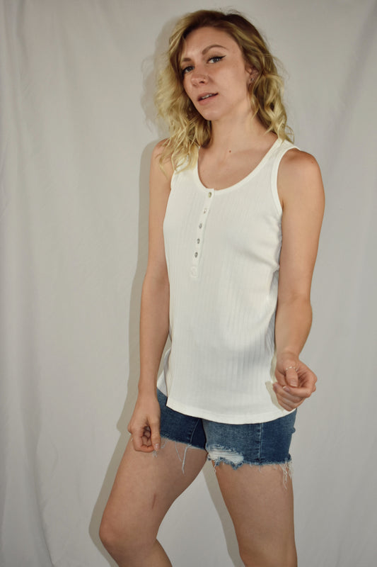 white relaxed fit ribbed scoop neck tank top full length buttons on front mittoshop the revival