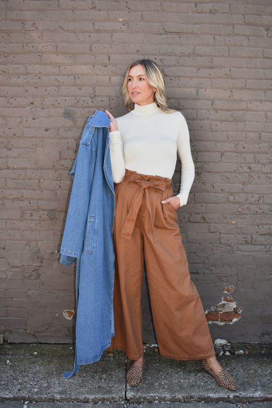 Light brown high waisted twill pants with wide legs, tie belt, side pockets, paper bag style on waistline