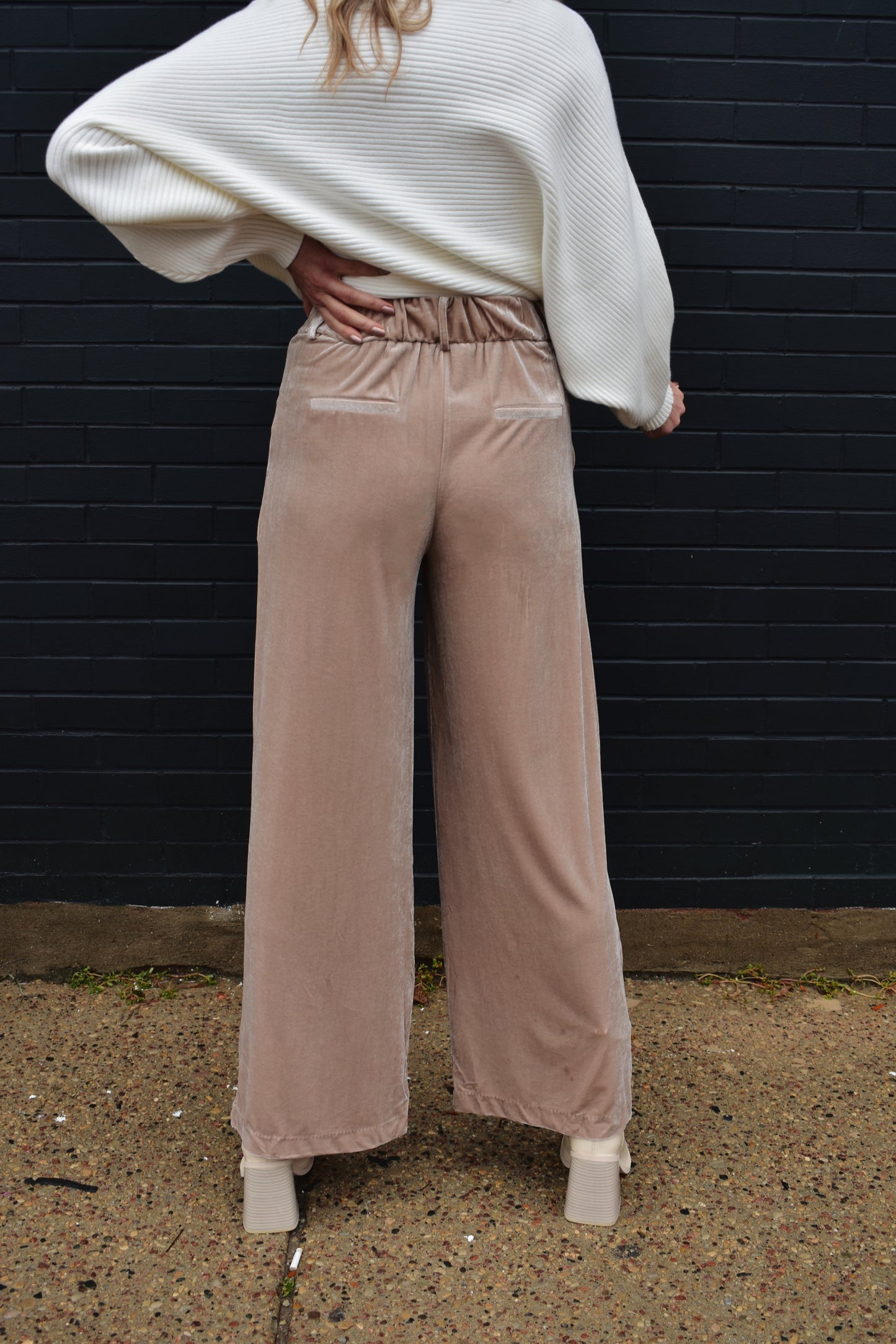 blush velvet trousers with front pleats by pockets, front zip and clasp enclosure, pockets, fake back pockets, wide leg, beltloops.