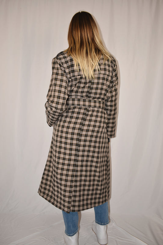 grey, black and taupe plaid trench coat with olive satin lining 