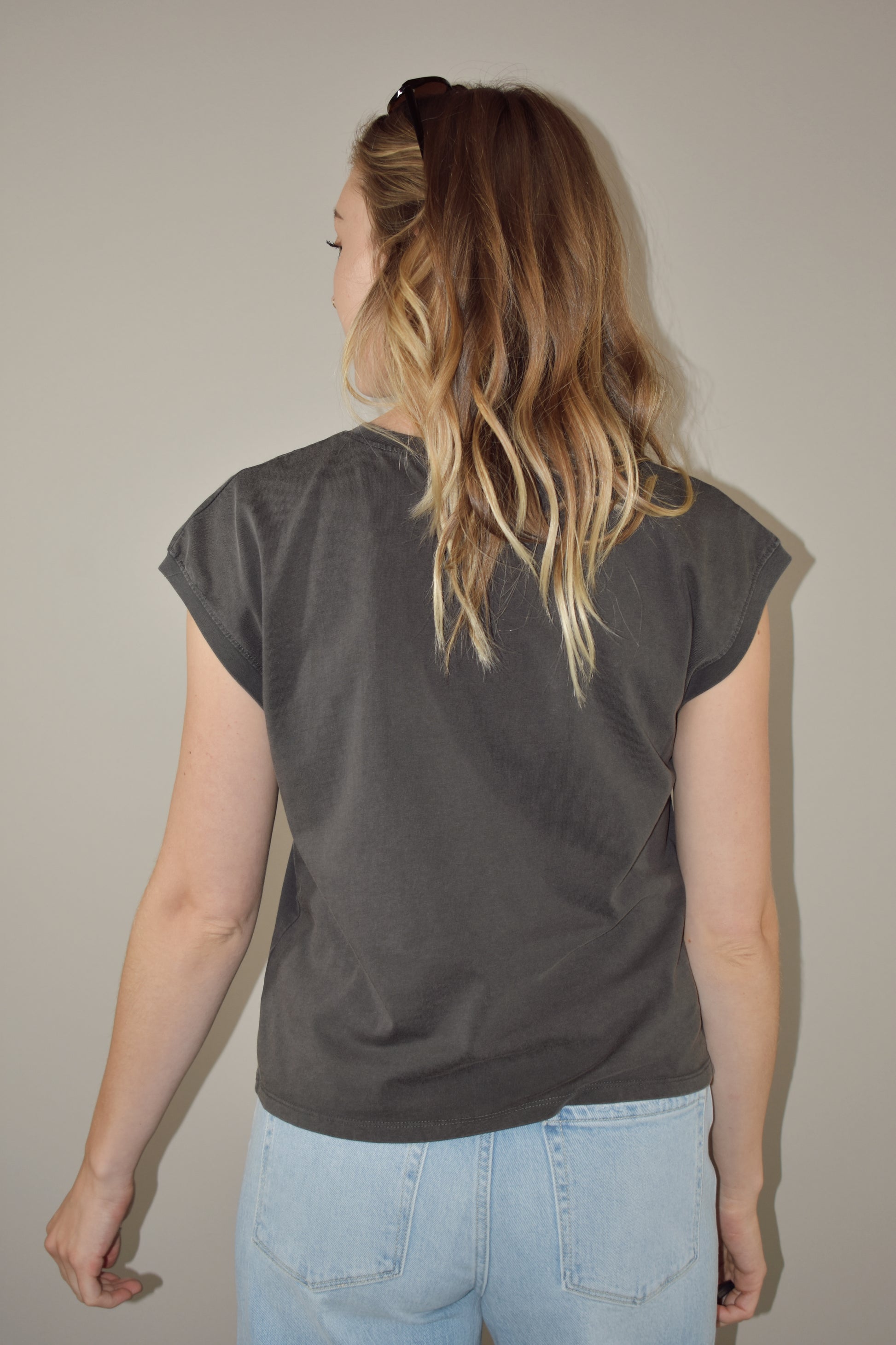 basic cap sleeve tee. full length, crew neck, straight fit.