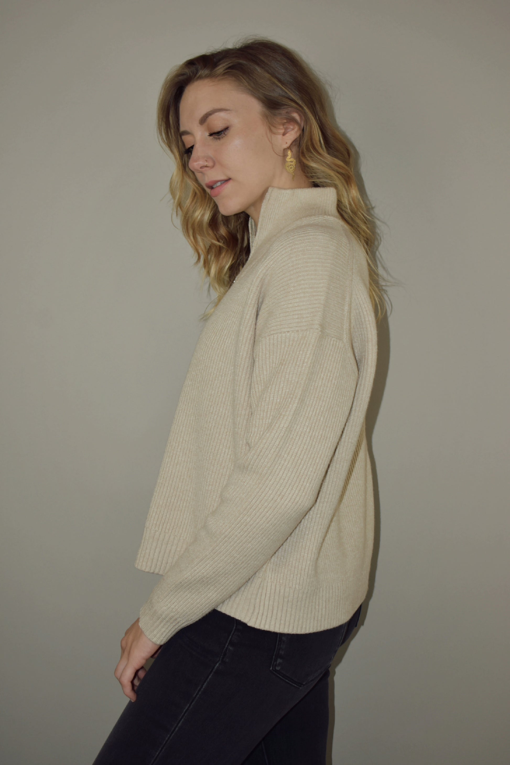 full length sweater with quarter zip and high collar ribbed pullover knit drop shoulders 