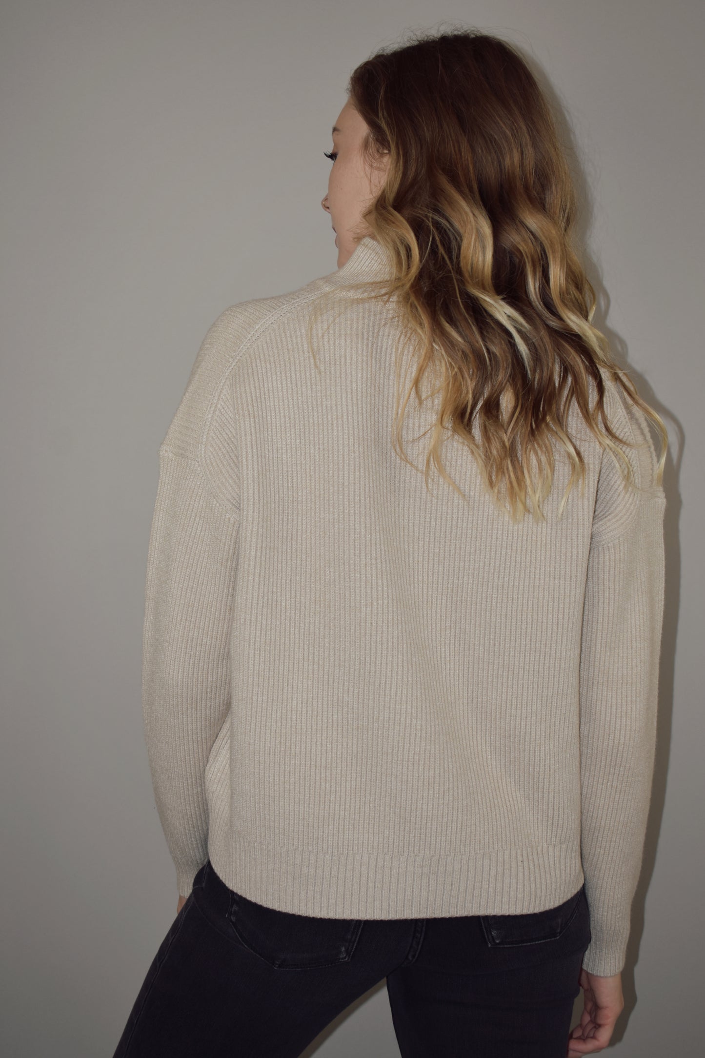 full length sweater with quarter zip and high collar ribbed pullover knit drop shoulders 