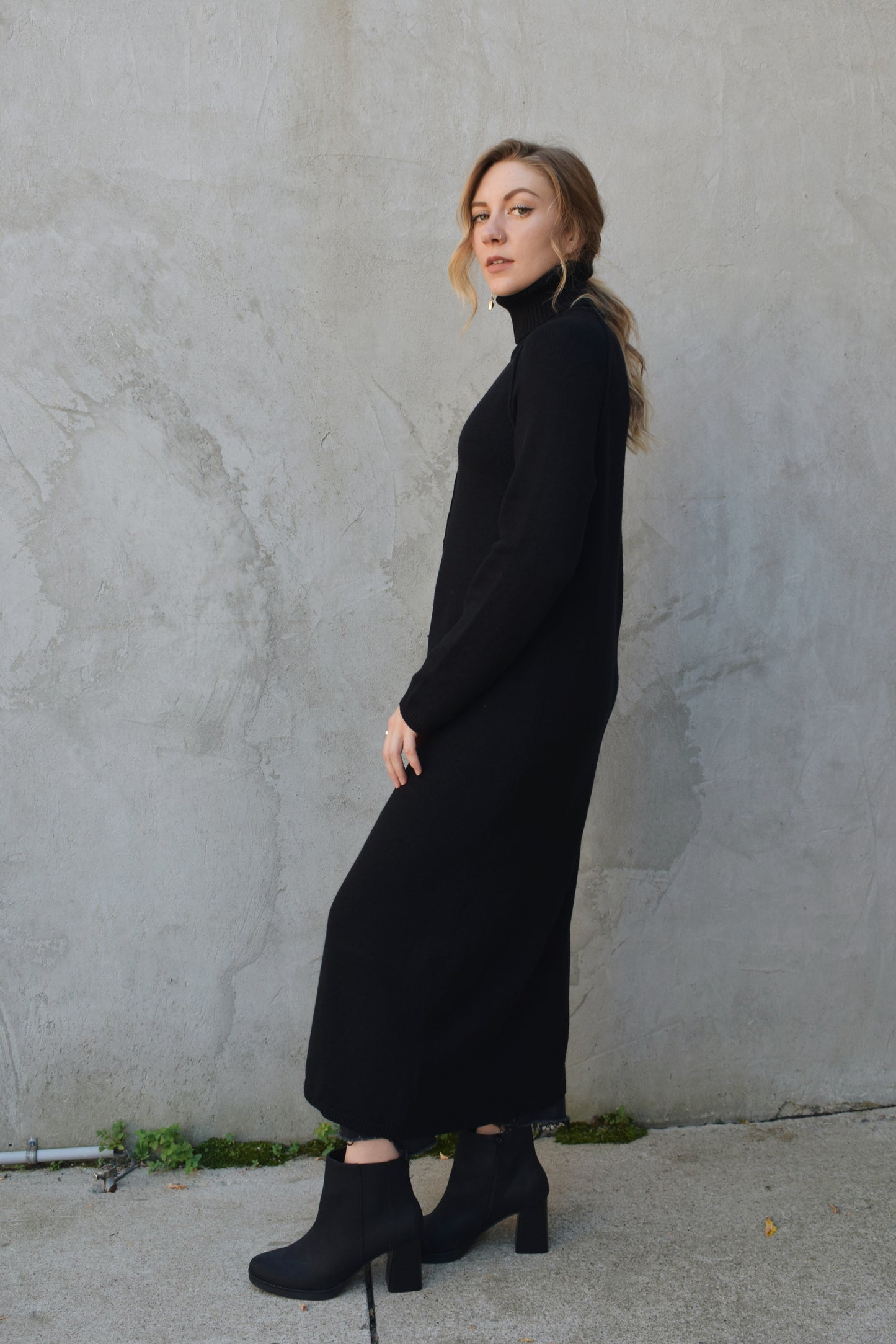 turtleneck tunic sweater/midi dress - slit in front comes all the way up to navel and has a exposed seam detail down the front and on the shoulders