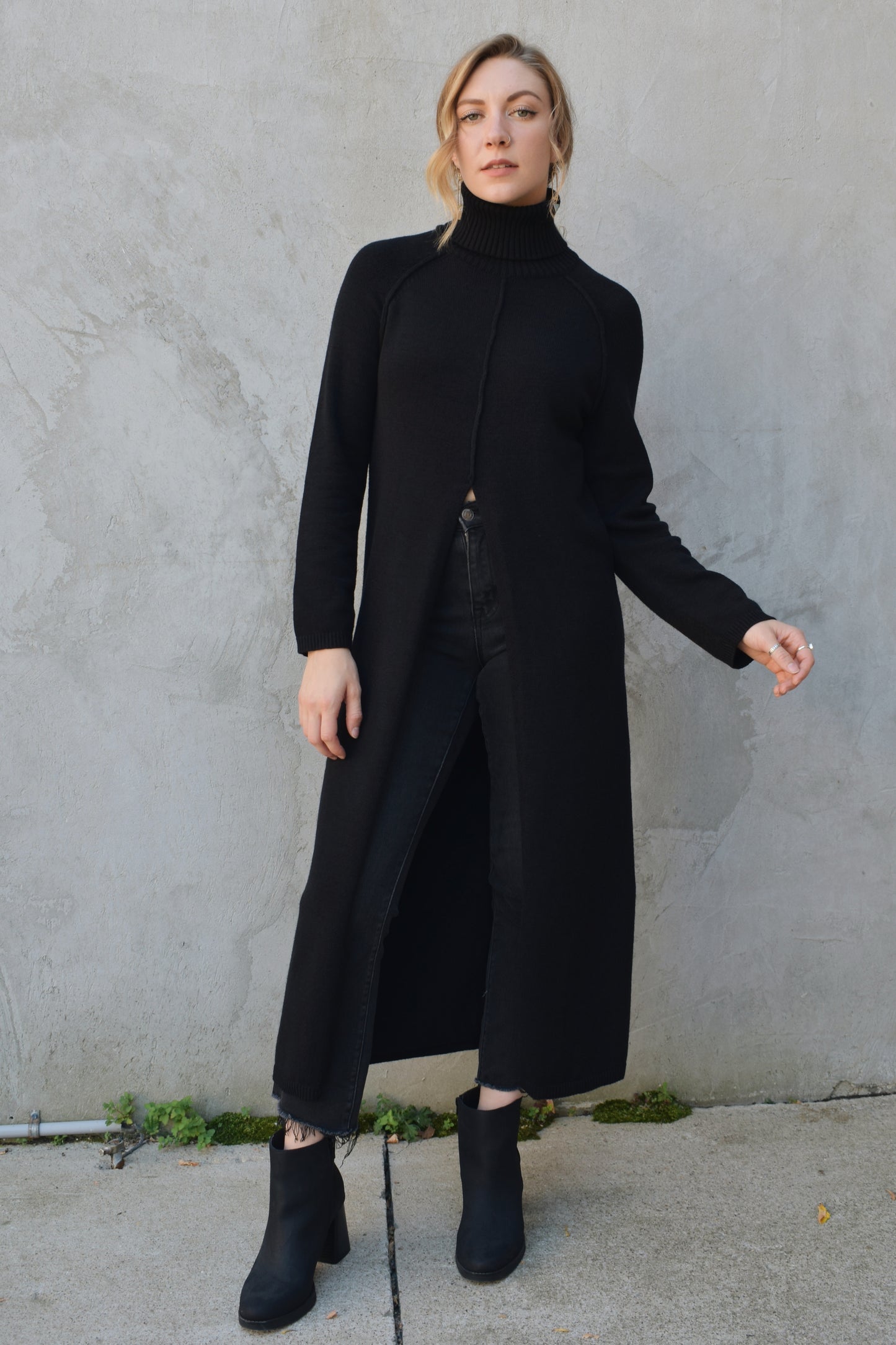 turtleneck tunic sweater/midi dress - slit in front comes all the way up to navel and has a exposed seam detail down the front and on the shoulders