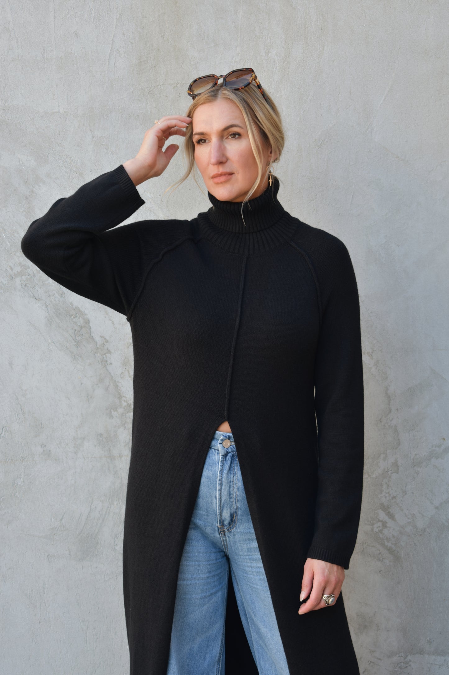 turtleneck tunic sweater/midi dress - slit in front comes all the way up to navel and has a exposed seam detail down the front and on the shoulders