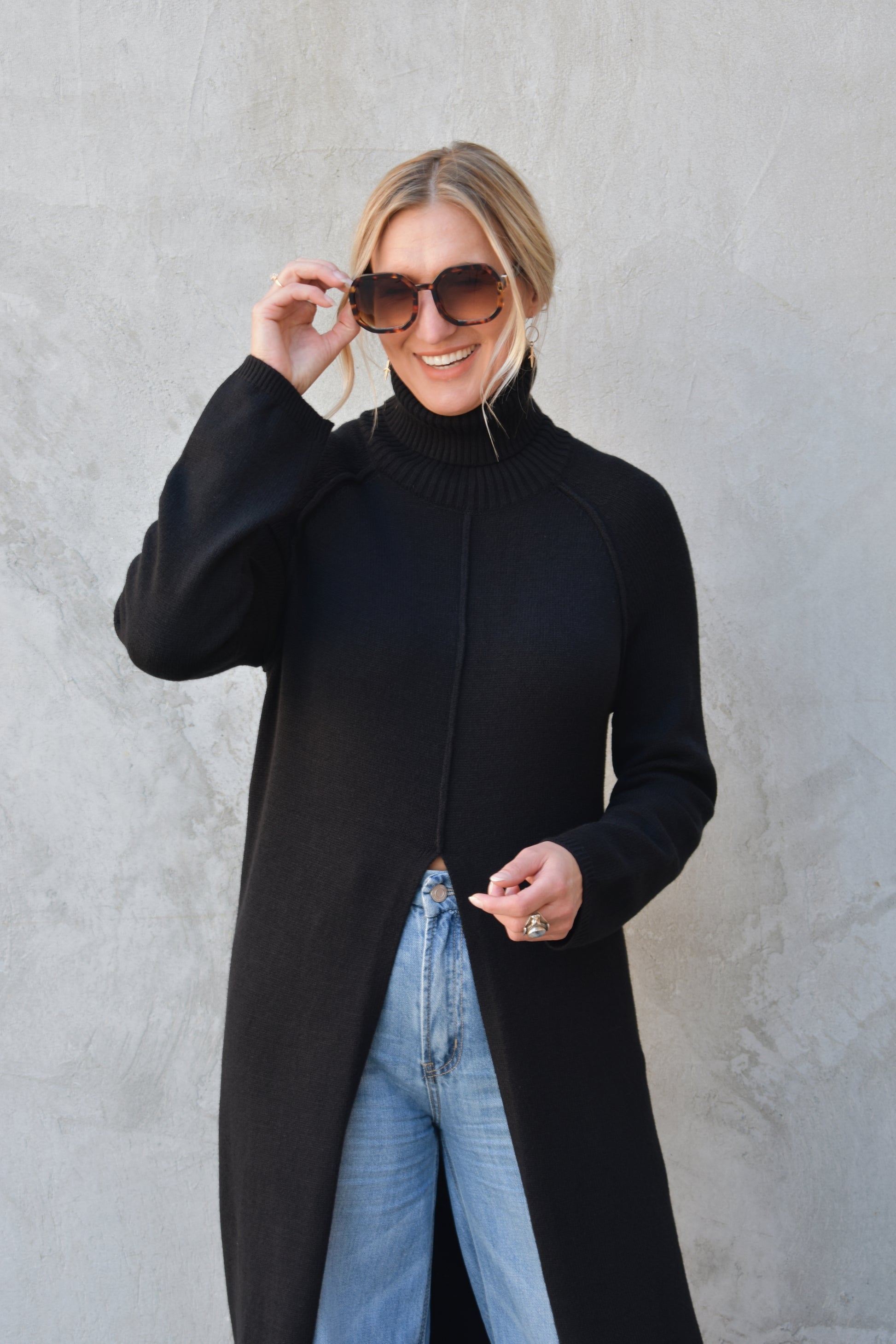 turtleneck tunic sweater/midi dress - slit in front comes all the way up to navel and has a exposed seam detail down the front and on the shoulders