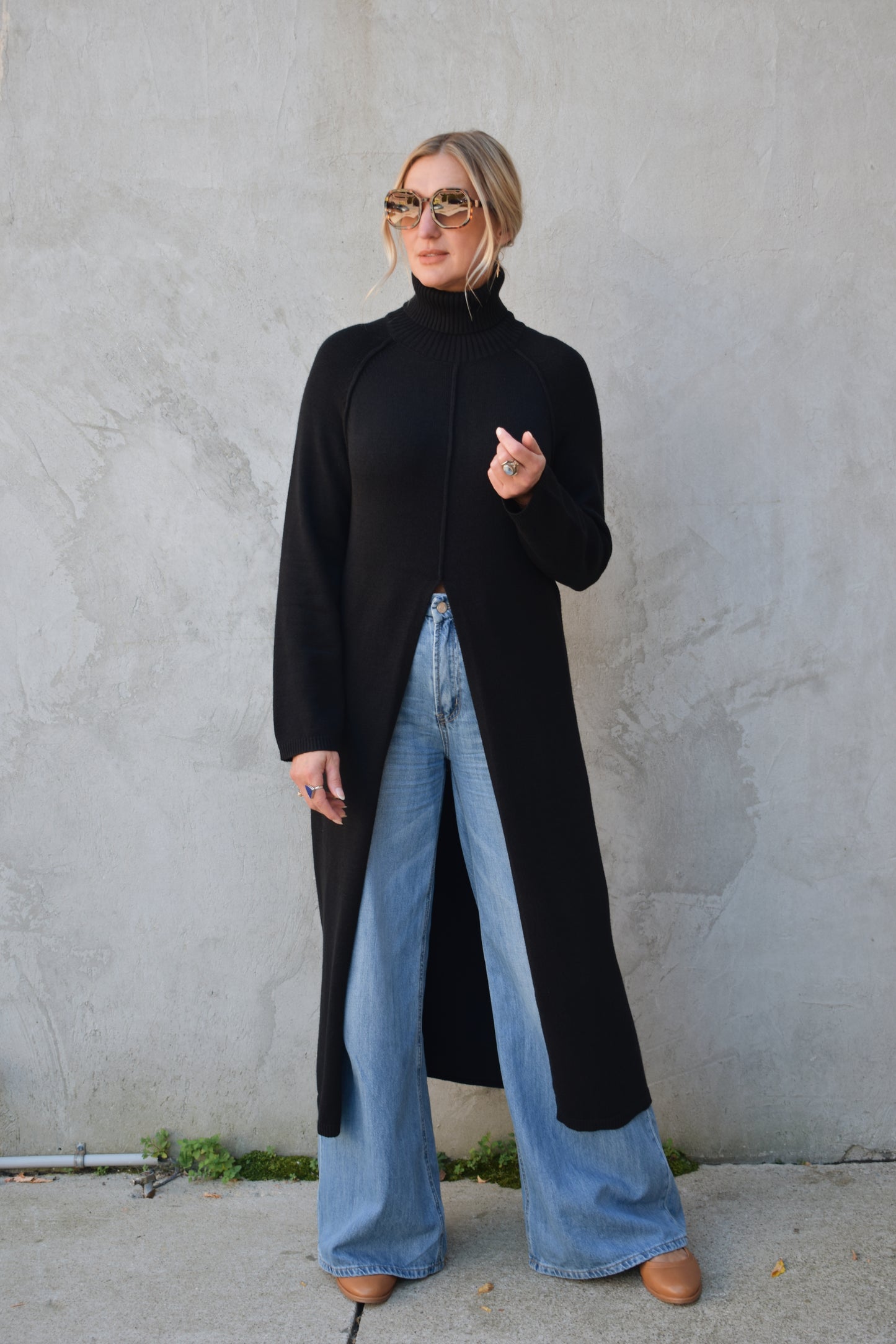 turtleneck tunic sweater/midi dress - slit in front comes all the way up to navel and has a exposed seam detail down the front and on the shoulders